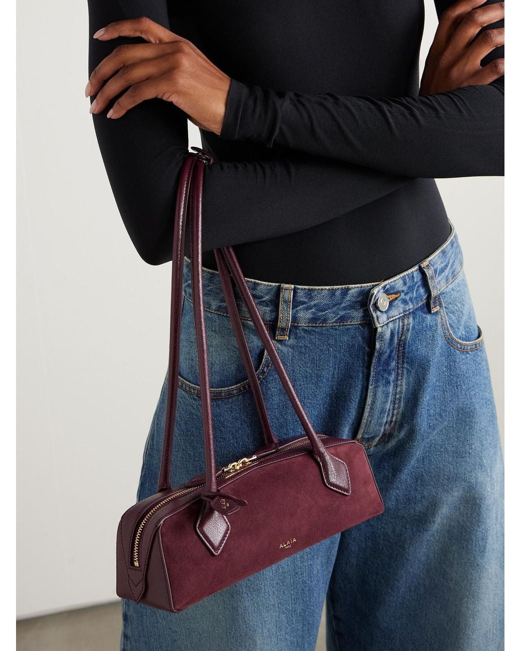 Alaïa Red Le Teckel Small Leather-Trimmed Suede Shoulder Bag