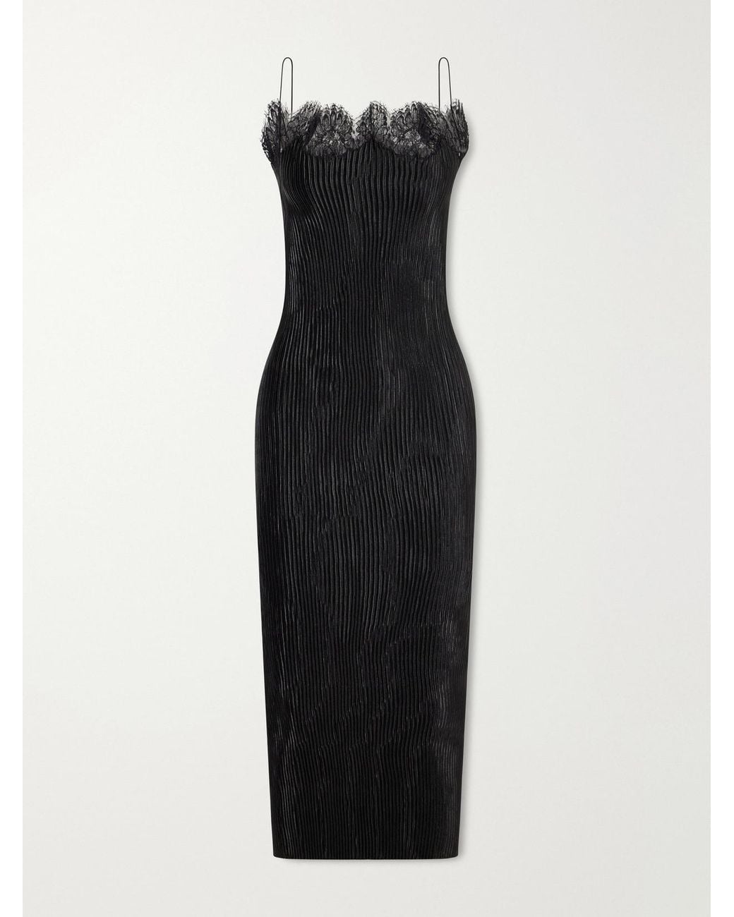FFORME Black Lumie Lace-Trimmed Pleated Satin Midi Dress