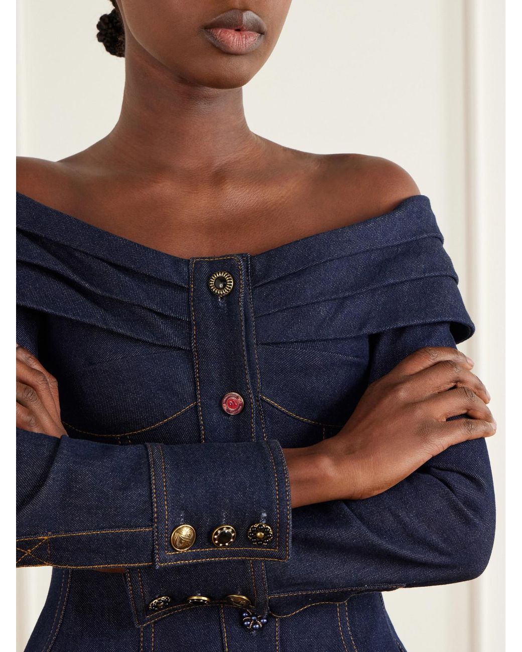 Zimmermann Blue Clash Off-The-Shoulder Pleated Denim Blouse