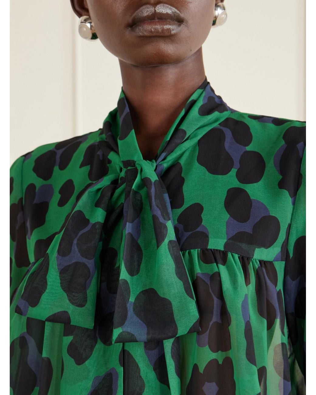 Anna Sui Green Knotted Gathered Leopard-Print Georgette Blouse