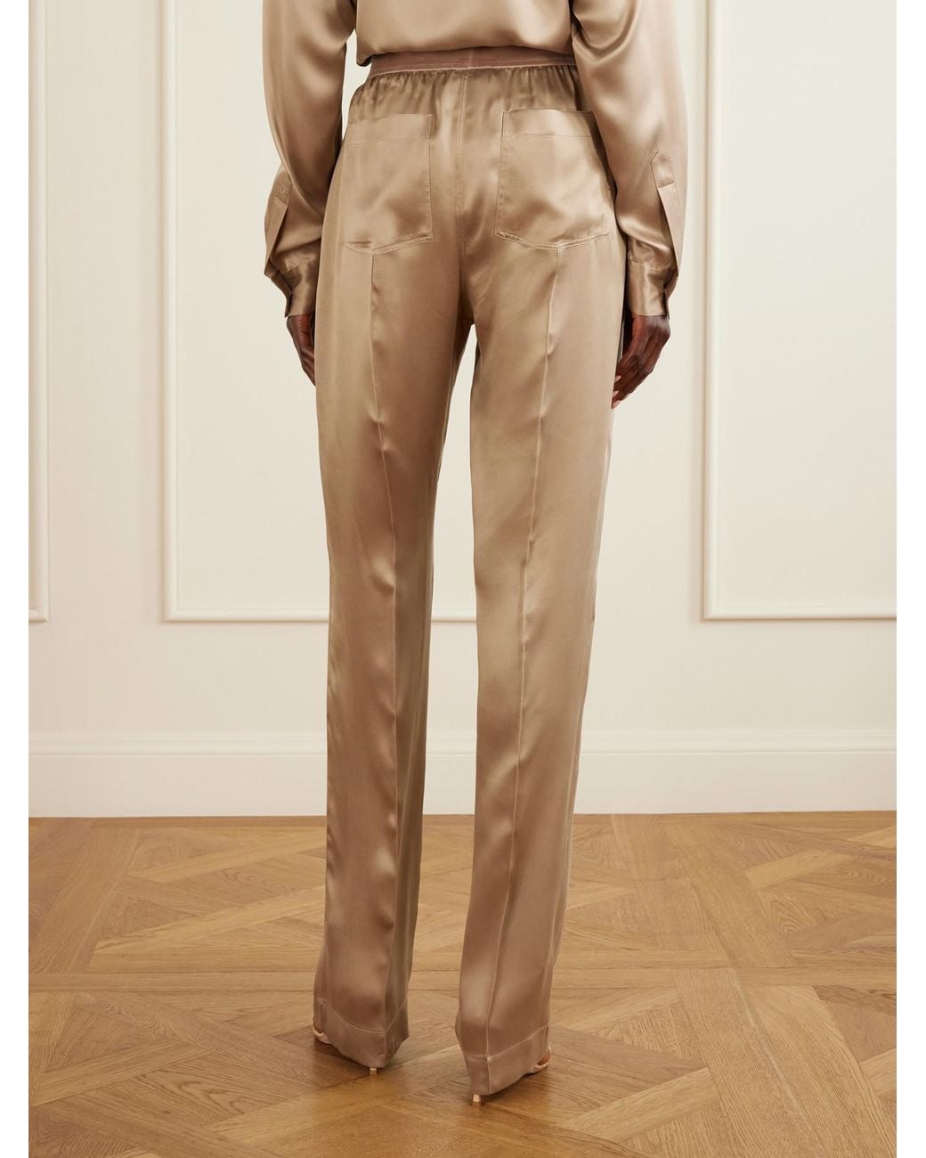 Tom Ford Natural Logo-Embroidered Velvet-Trimmed Silk-Satin Straight-Leg Pants