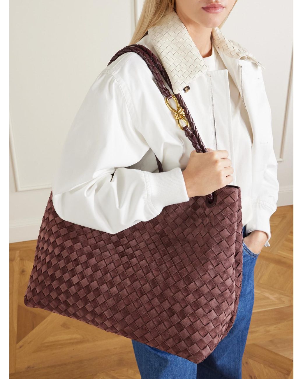 Bottega Veneta Red Andiamo Large Intrecciato Leather-Trimmed Suede Tote