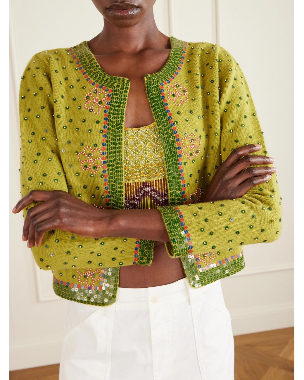 Bode Green Fairy Floss Cropped Embellished Wool And Cashmere-Blend Cardigan