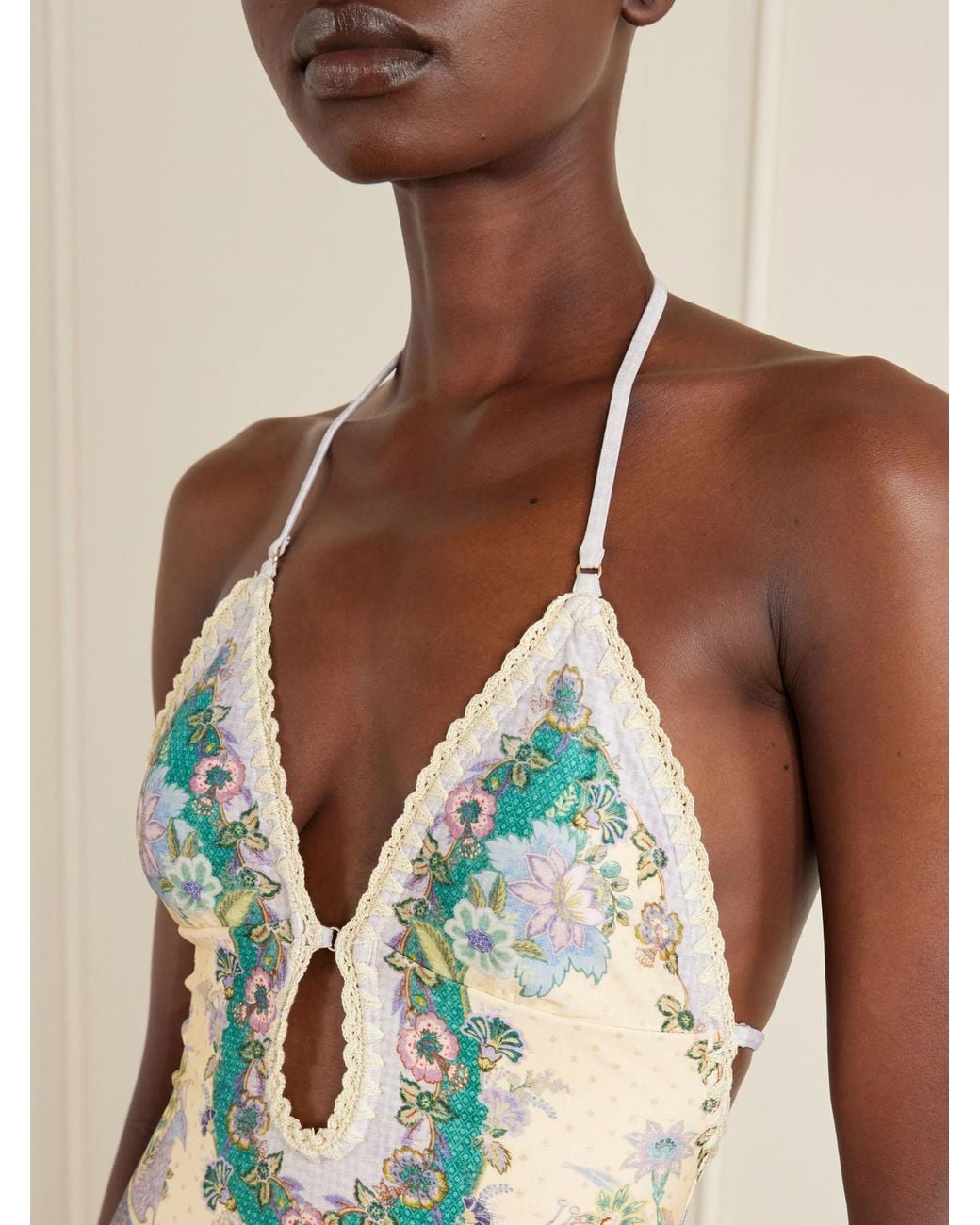 Zimmermann White Indra Floral-Print Crochet-Trimmed Swimsuit