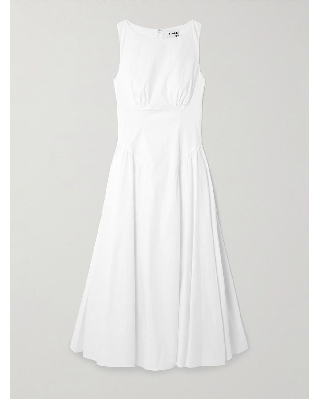 Staud White Gwen Paneled Pleated Cotton-Blend Poplin Midi Dress