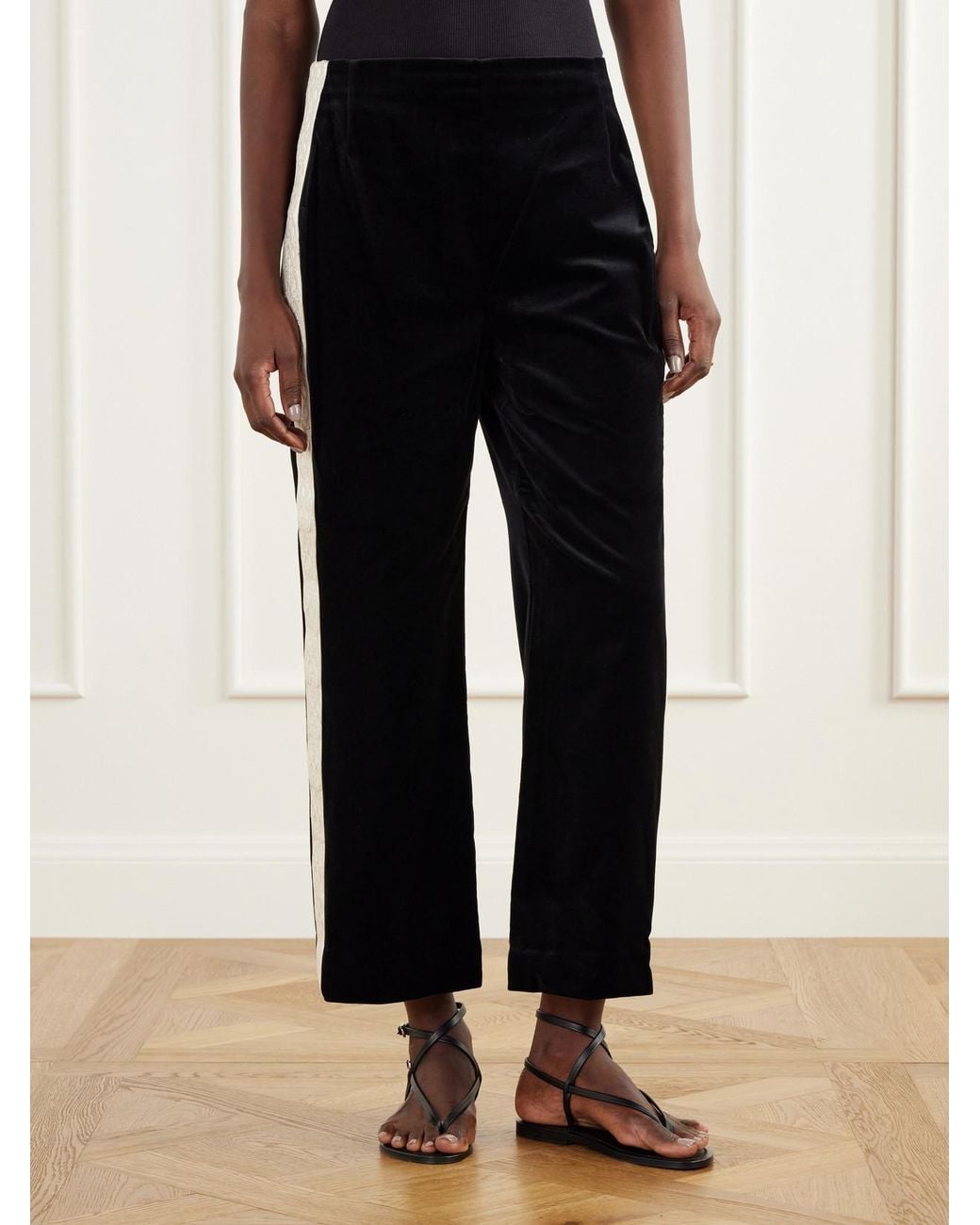Posse Black Florian Cropped Embroidered Satin-Trimmed Cotton-Velvet Straight-Leg Pants