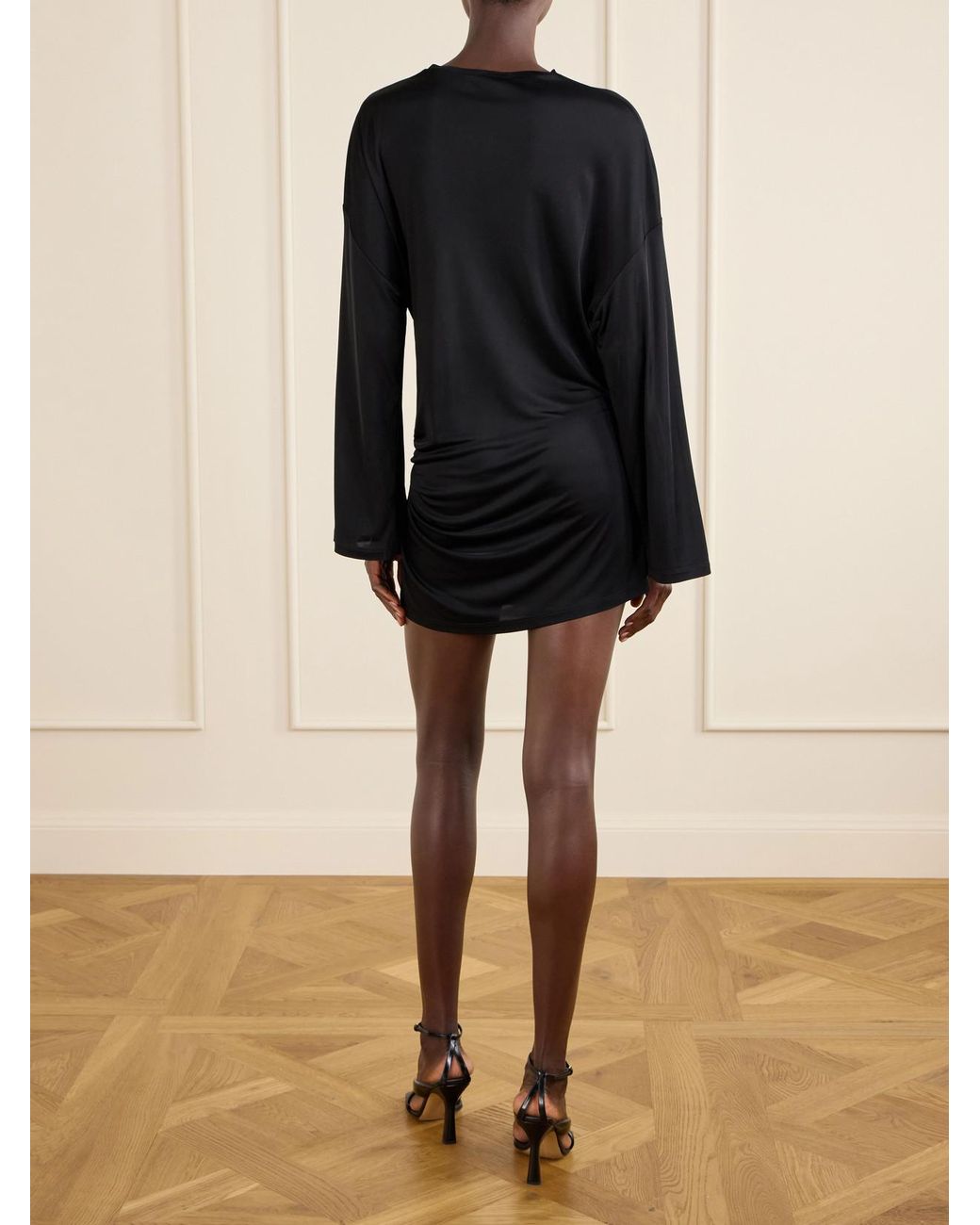 The Attico Black Gathered Satin Mini Dress