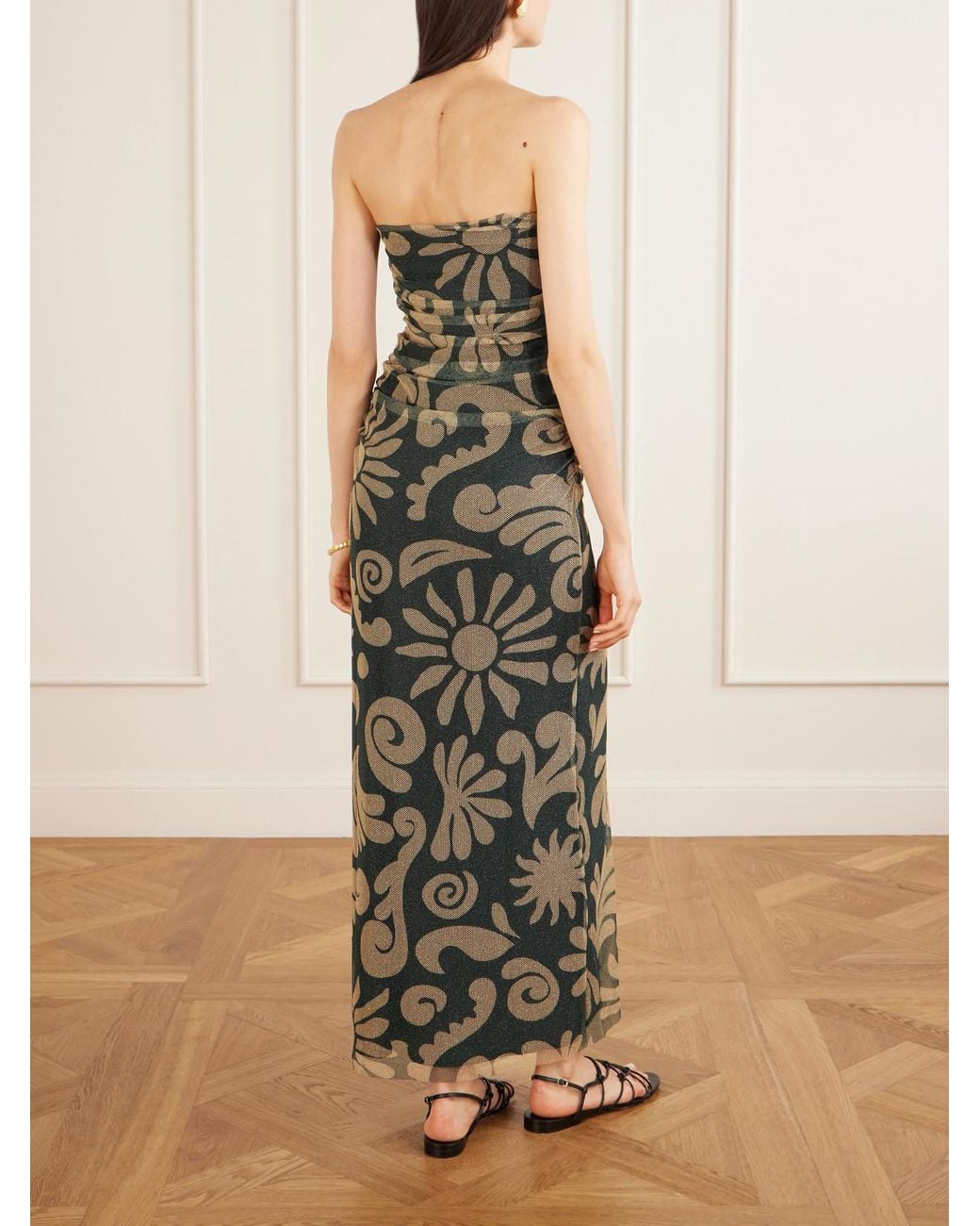 Cala De La Cruz Black Daphne Ruched Printed Mesh Midi Dress