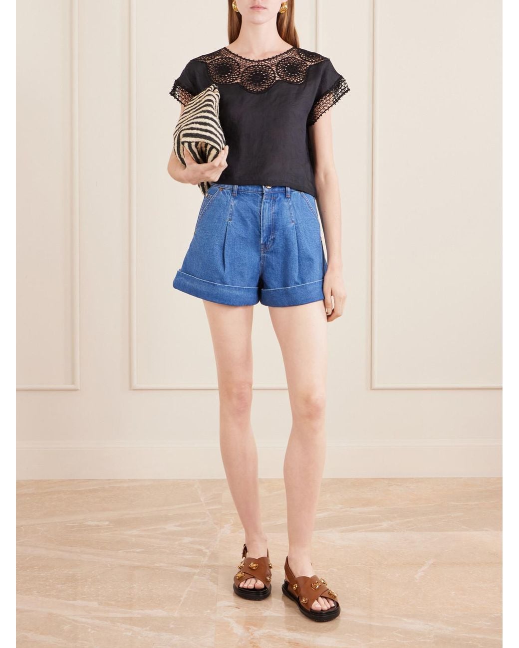 Nili Lotan Black Caila Crochet-Trimmed Ramie Top