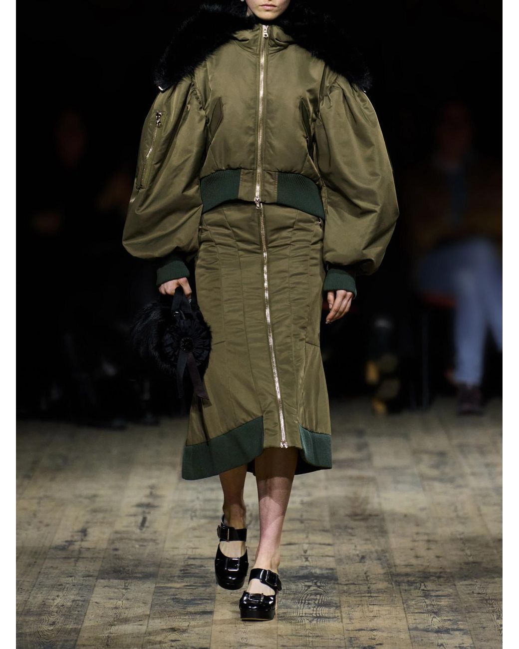 Simone Rocha Green Hooded Cropped Plush-Trimmed Shell Bomber Jacket