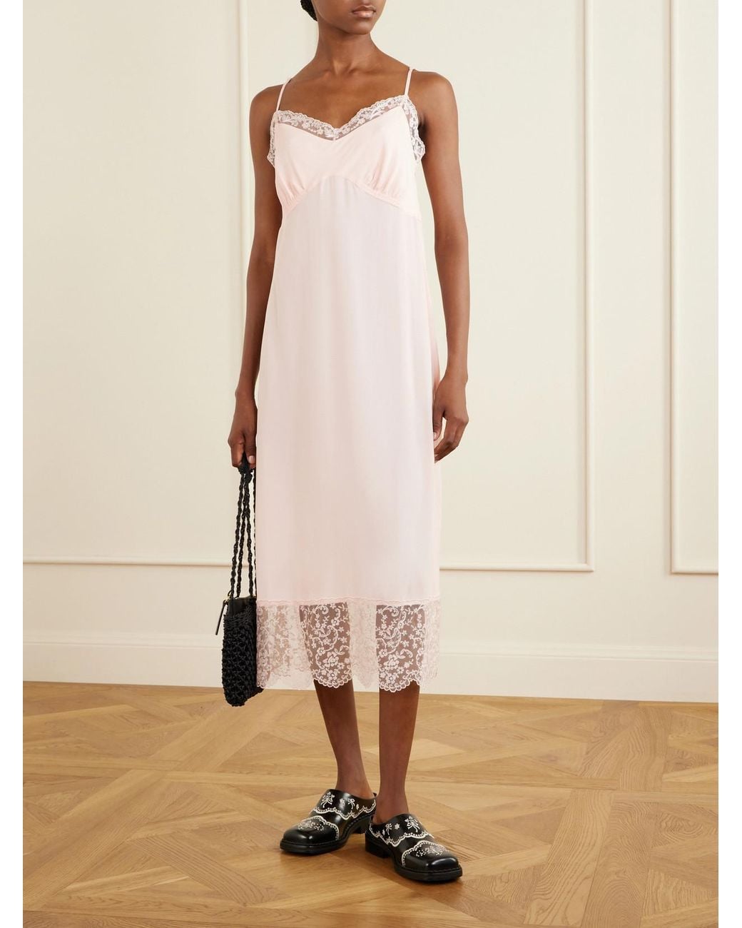 Simone Rocha Pink Lace-Trimmed Crepe De Chine Midi Dress