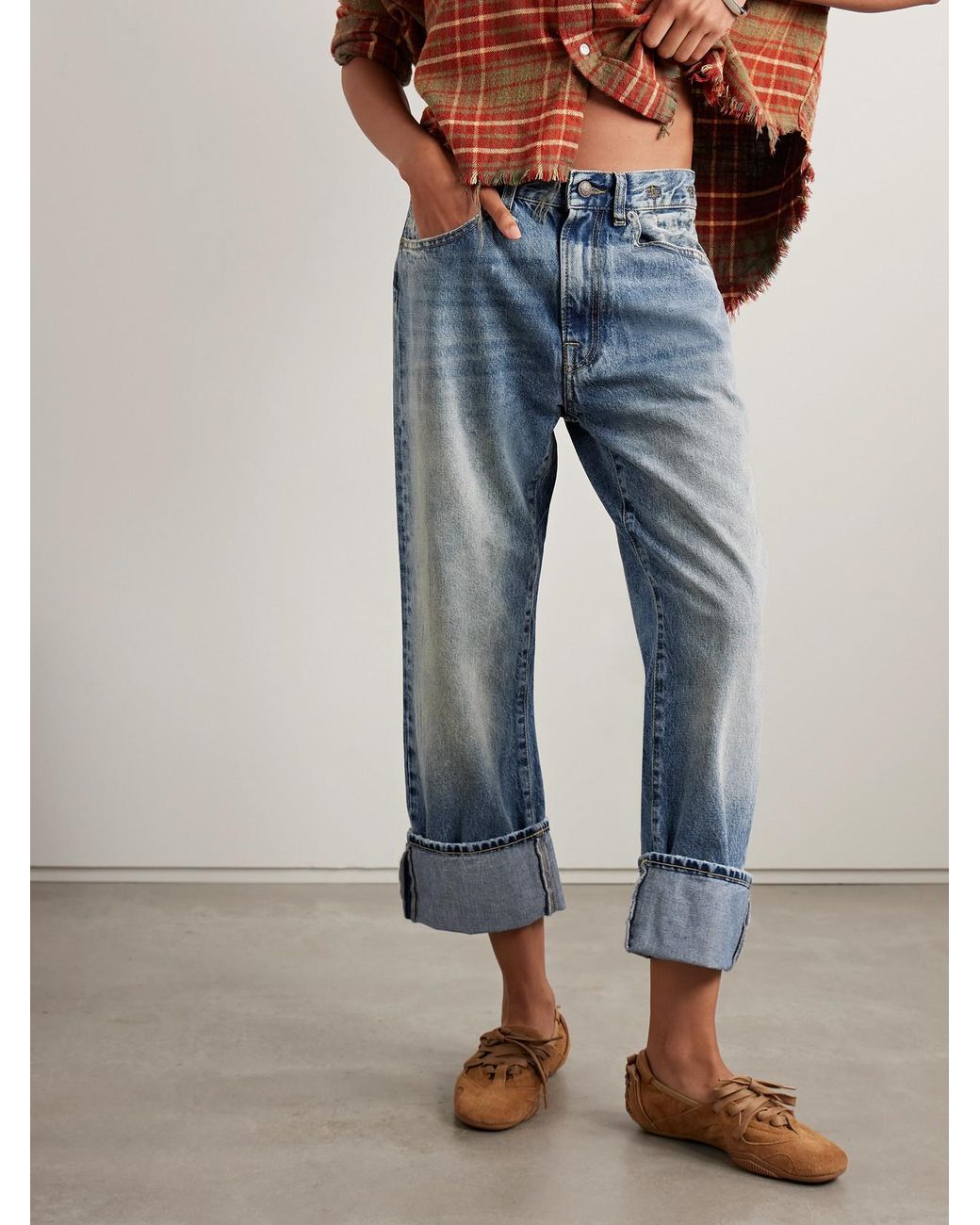 R13 Blue Cuffed X-Bf Low-Rise Straight-Leg Jeans