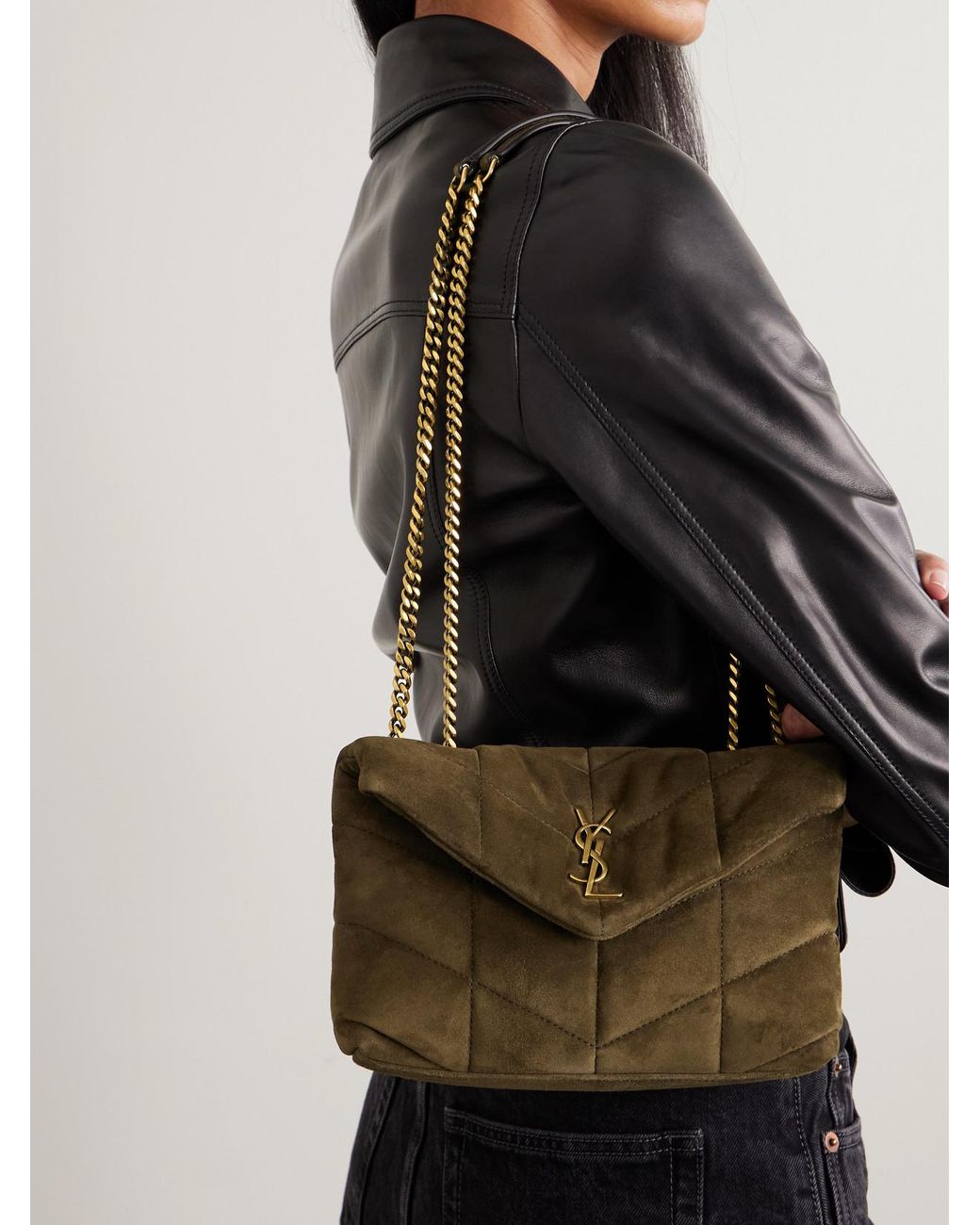 Saint Laurent Brown Toy Puffer Matelassé Leather-Trimmed Suede Shoulder Bag