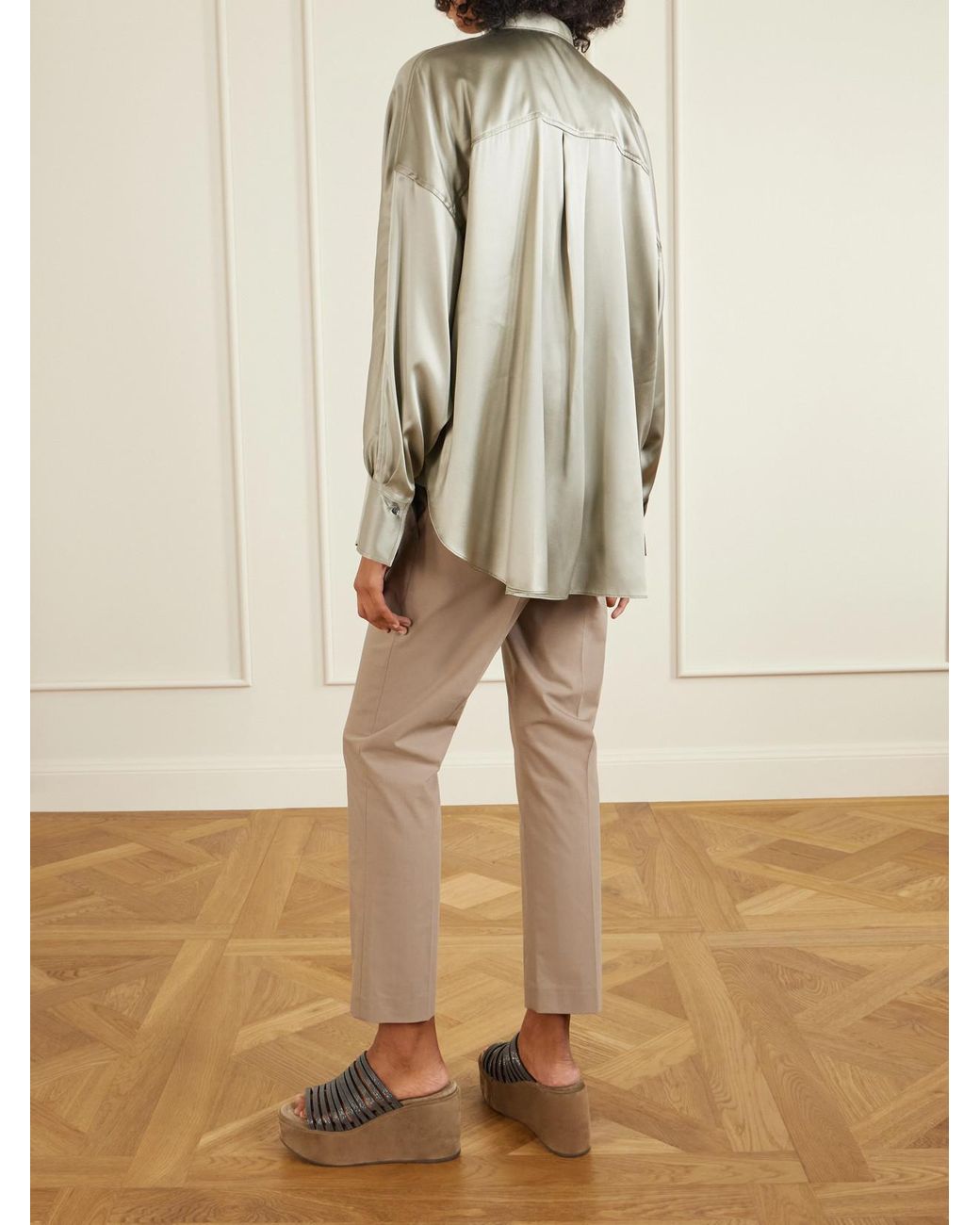 Brunello Cucinelli Green Bead-Embellished Silk-Blend Satin Shirt