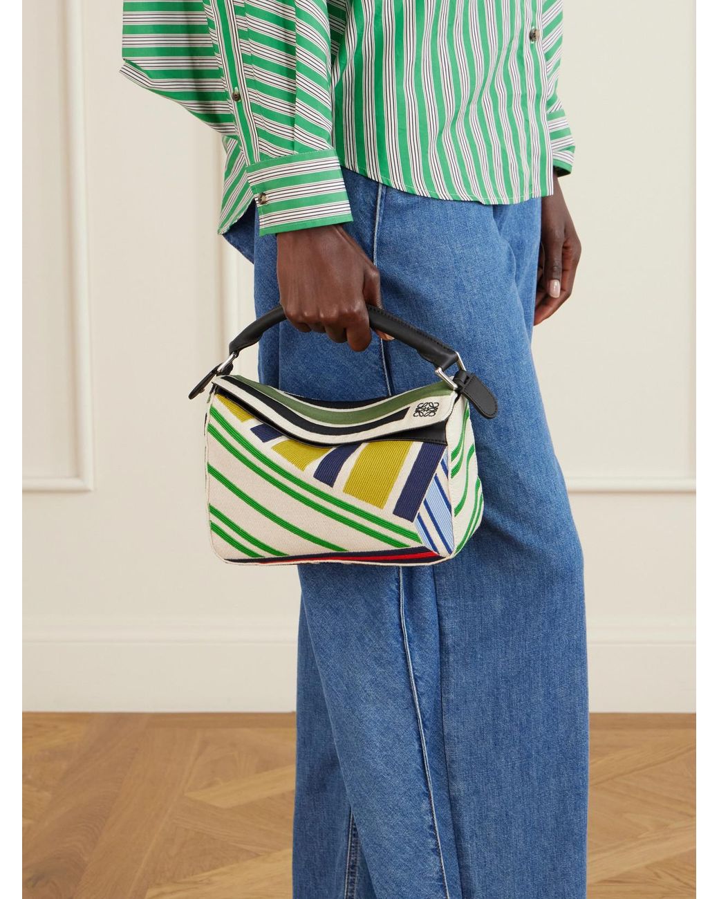 Loewe Green Puzzle Striped Leather-Trimmed Canvas Top-Handle Bag