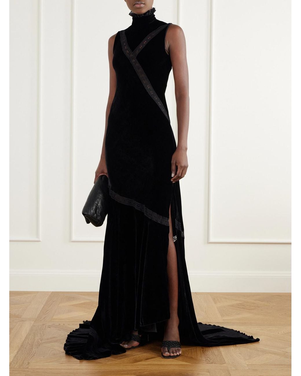 Ann Demeulemeester Black Lace-Trimmed Velvet Gown