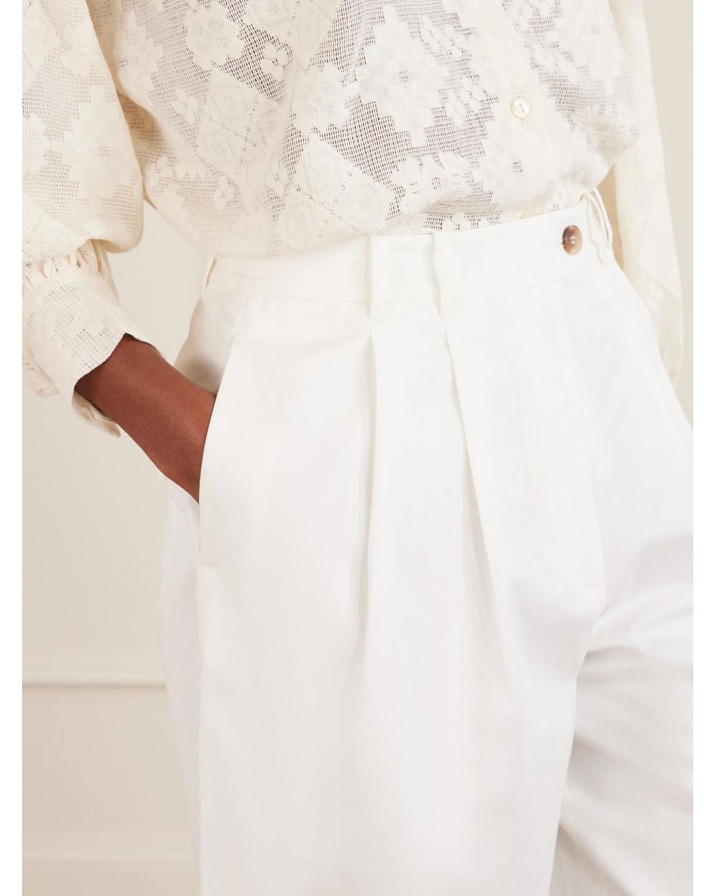 Doen White Lisa Pleated Cotton-Twill Wide-Leg Pants