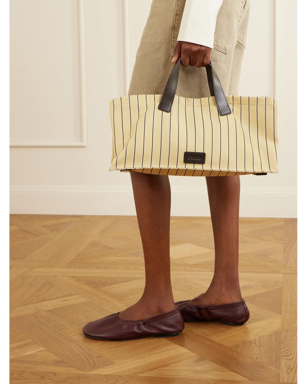 Staud Natural Port Logo-Embossed Leather-Trimmed Striped Canvas Tote