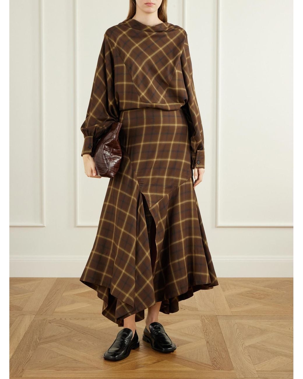 Co. Brown Slash Checked Crepe Midi Skirt