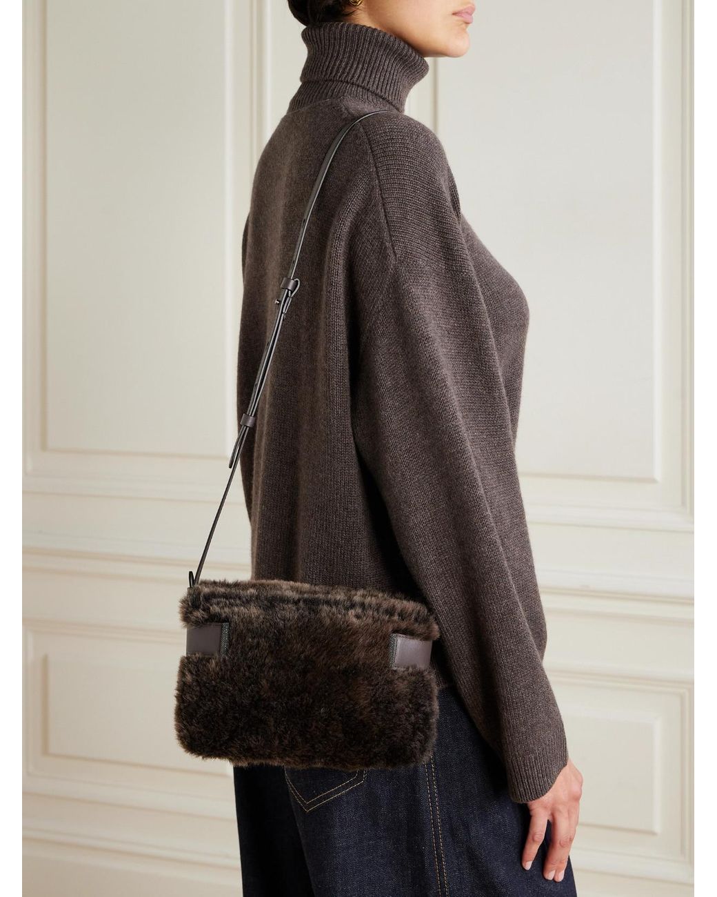 Brunello Cucinelli Black Bead-Embellished Leather-Trimmed Shearling Clutch