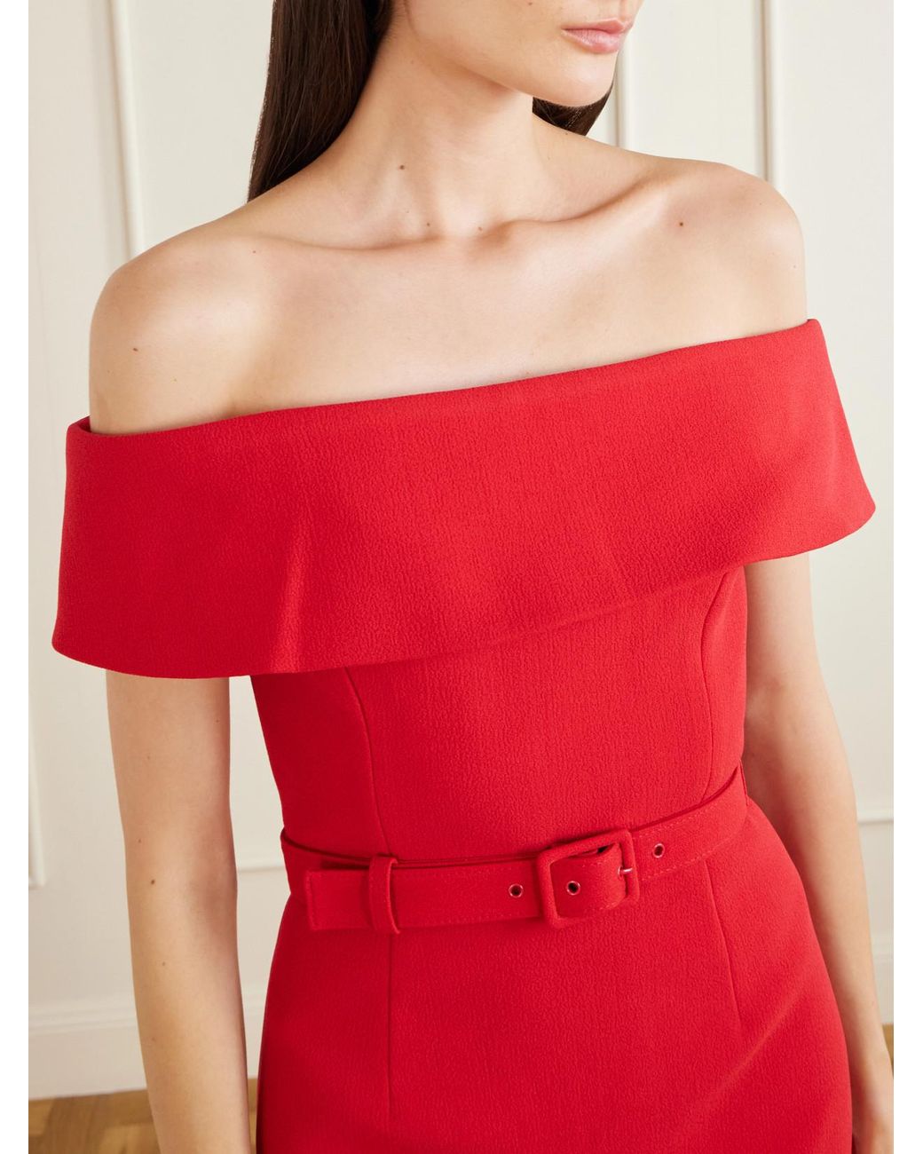 Rebecca Vallance Red Precious Off-The-Shoulder Belted Crepe Midi Dress