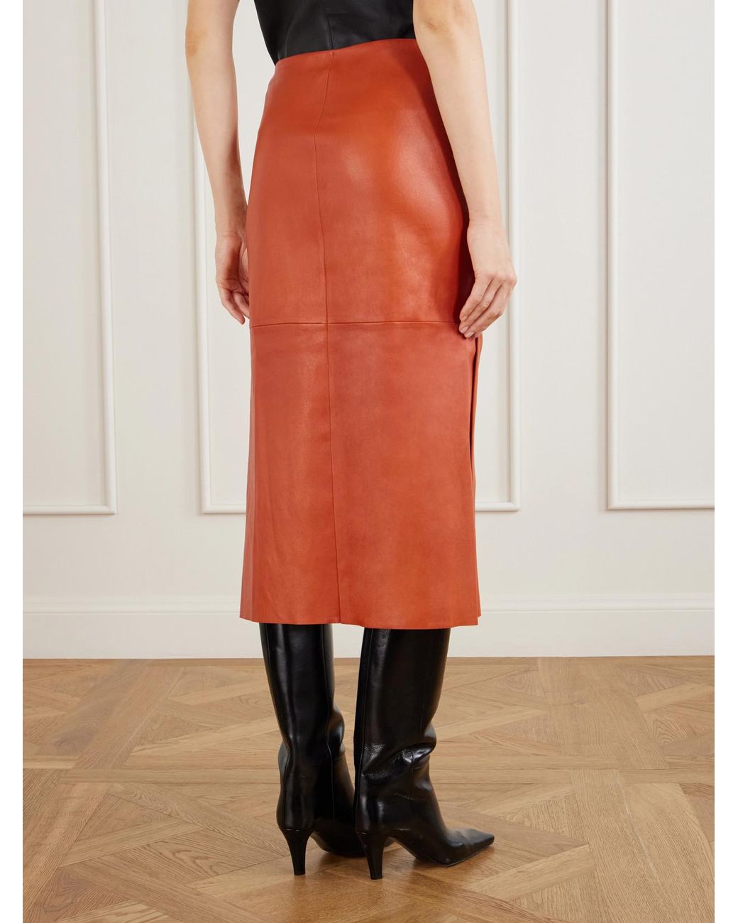 Stouls Orange Winona Leather Midi Skirt