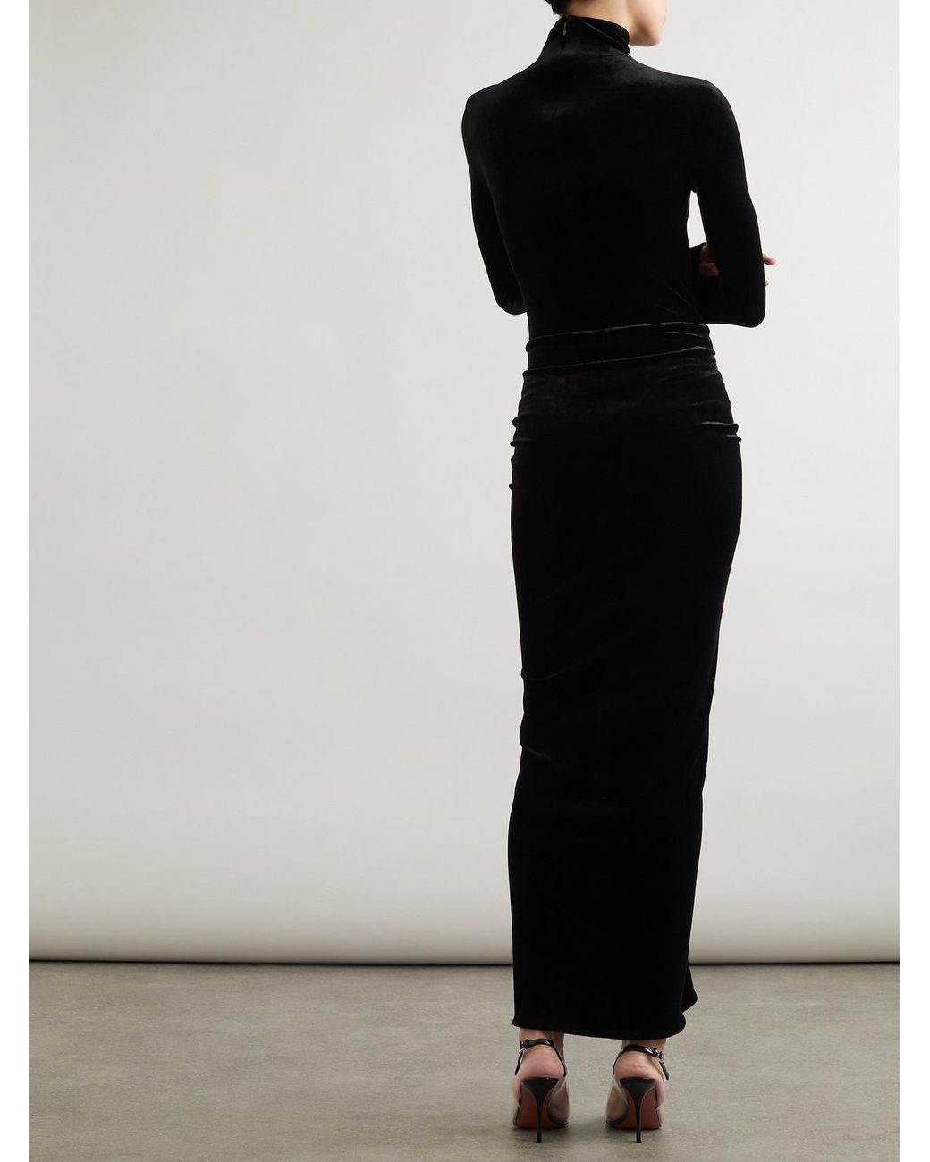 Alaïa Black Ruched Crushed-Velvet Turtleneck Midi Dress
