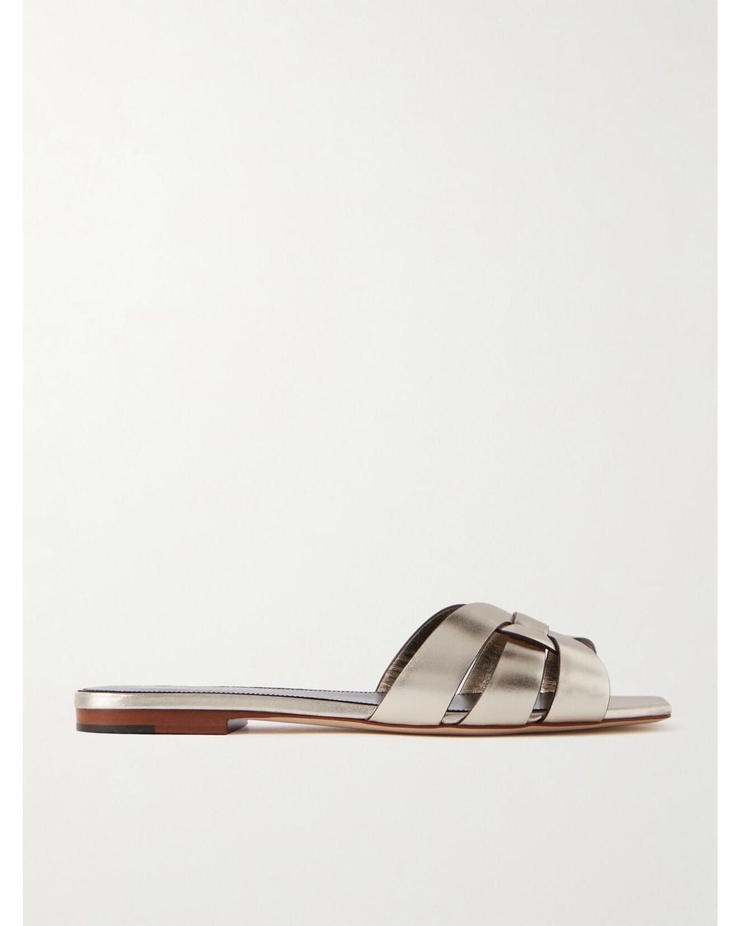 Saint Laurent White Tribute Woven Metallic Leather Slides