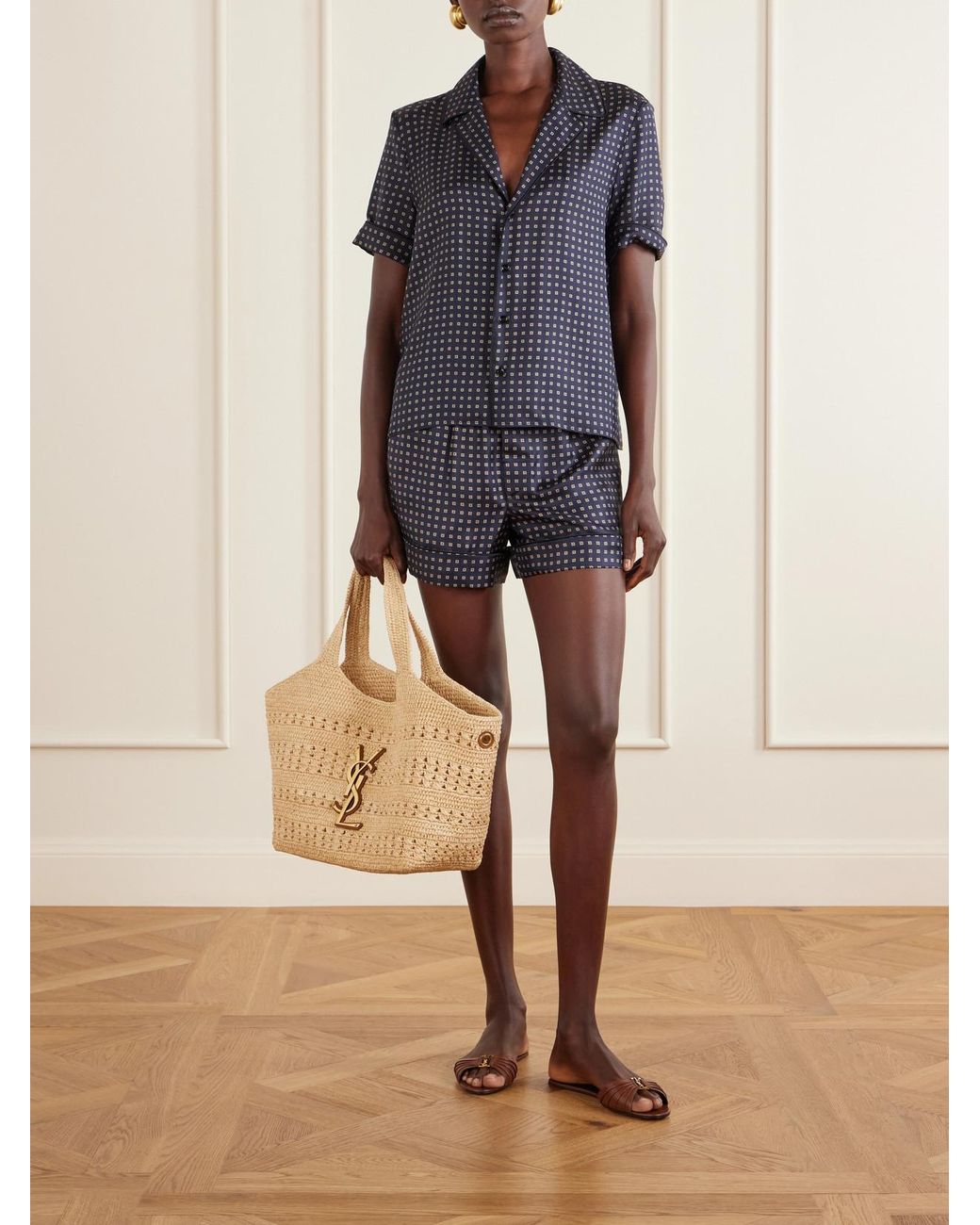Saint Laurent Natural Icare Medium Logo-Appliquéd Raffia Tote