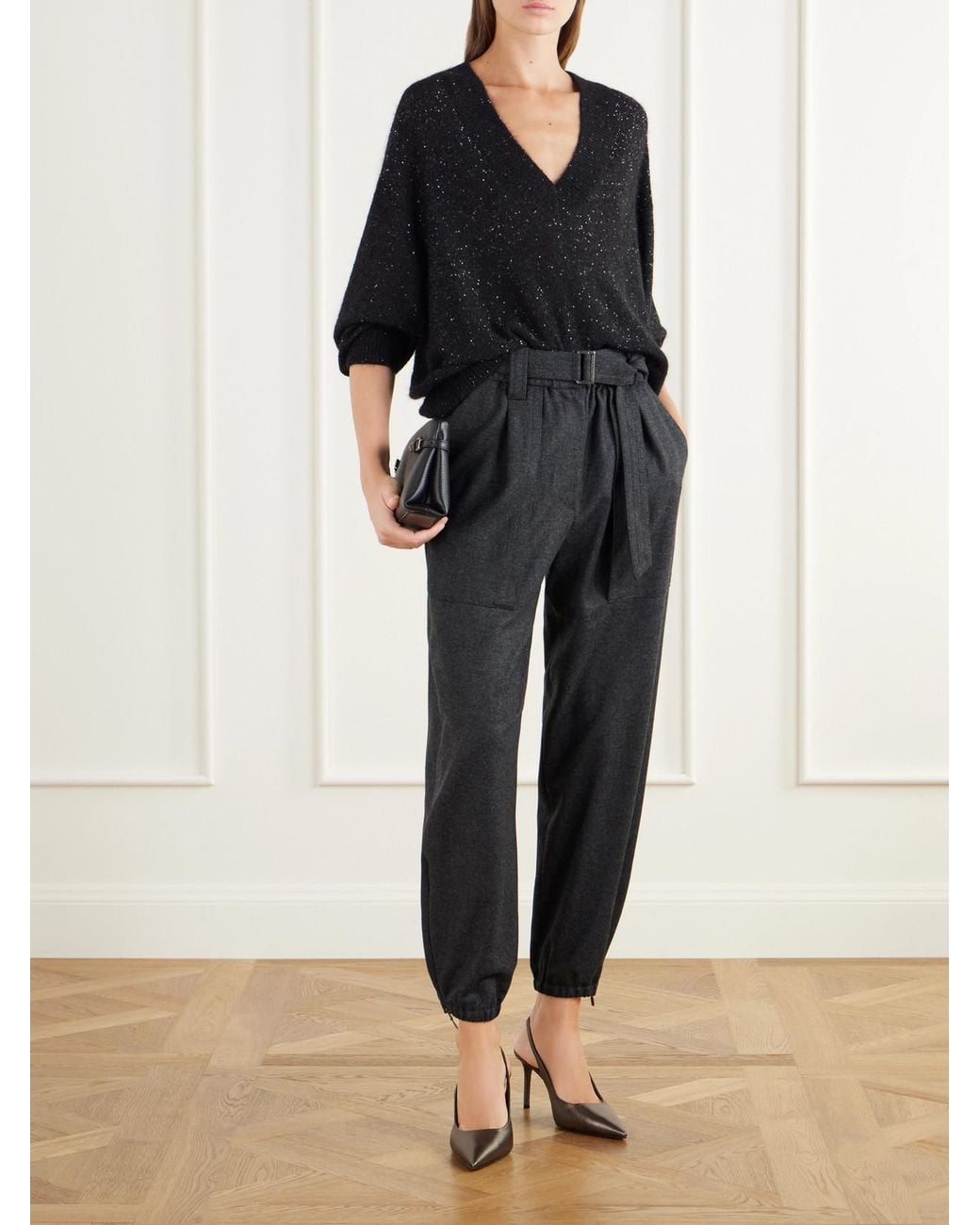 Brunello Cucinelli Blue Belted Felted Wool And Cashmere-Blend Tapered Pants