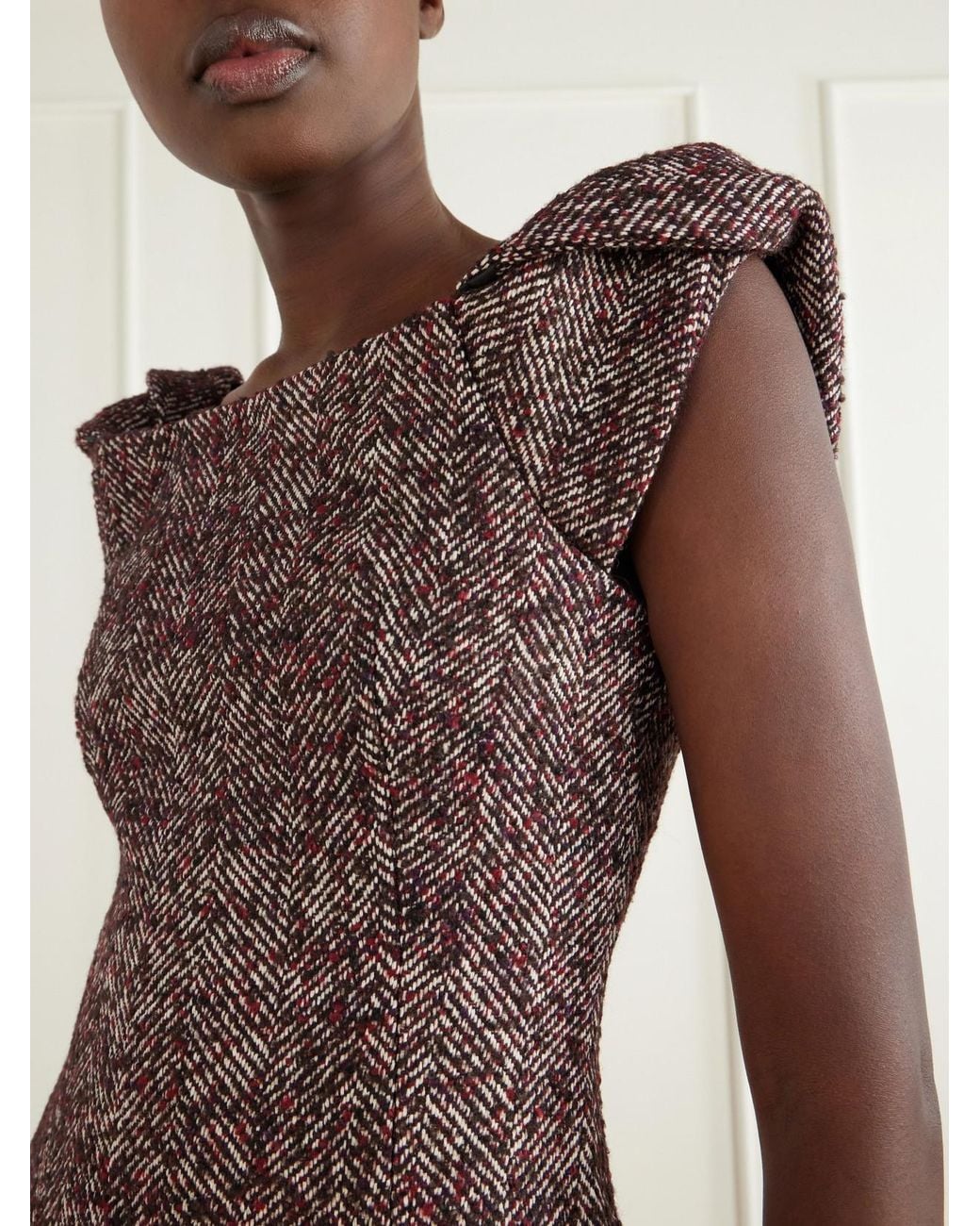 ShuShu/Tong Brown Bow-Detailed Wool-Blend Herringbone Midi Dress