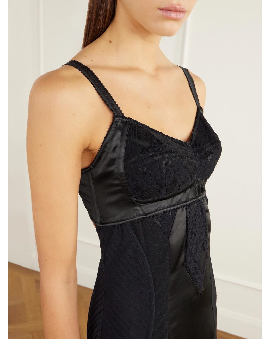 Dolce & Gabbana Black Paneled Cut-Out Lace-Trimmed Satin And Crepe Bustier Midi Dress