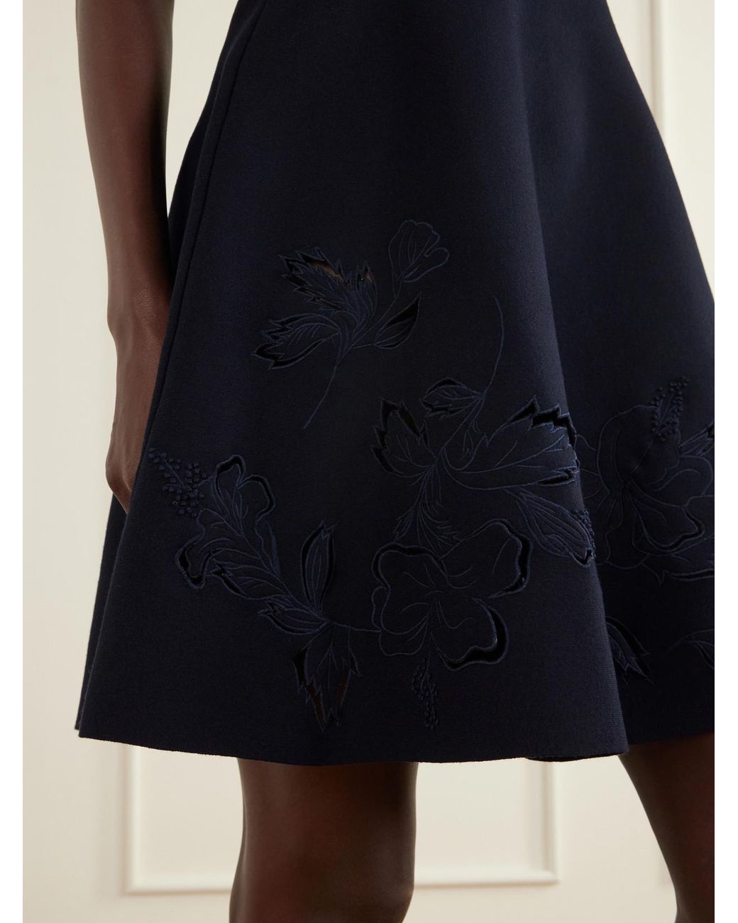 Oscar de la Renta Blue Laser-Cut Embroidered Knitted Mini Dress