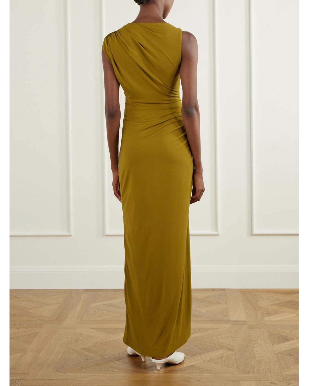 Bottega Veneta Metallic Gathered Embellished Crepe-Jersey Maxi Dress