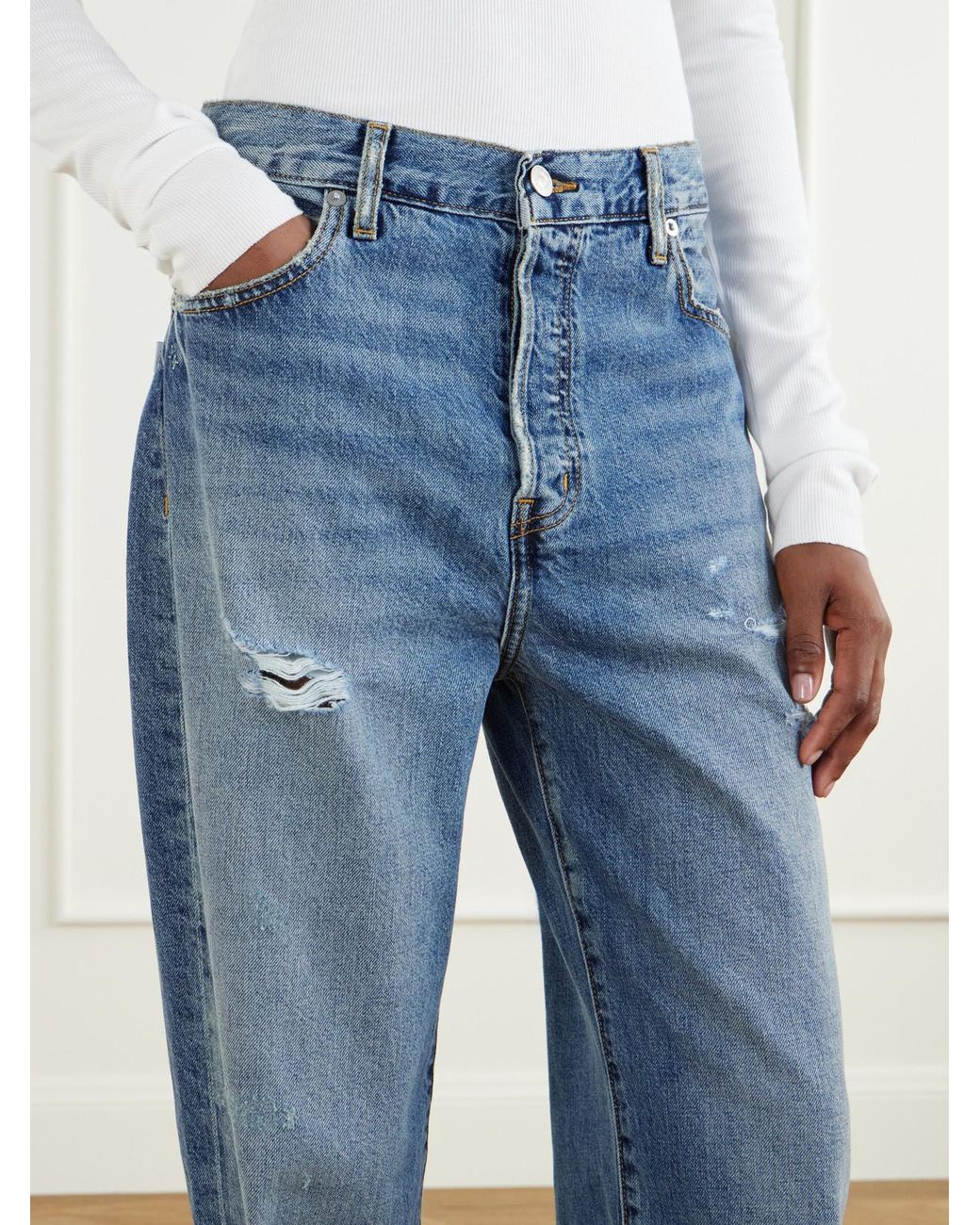 ÉTERNE Blue Saint Boyfriend Distressed Mid-Rise Straight-Leg Jeans