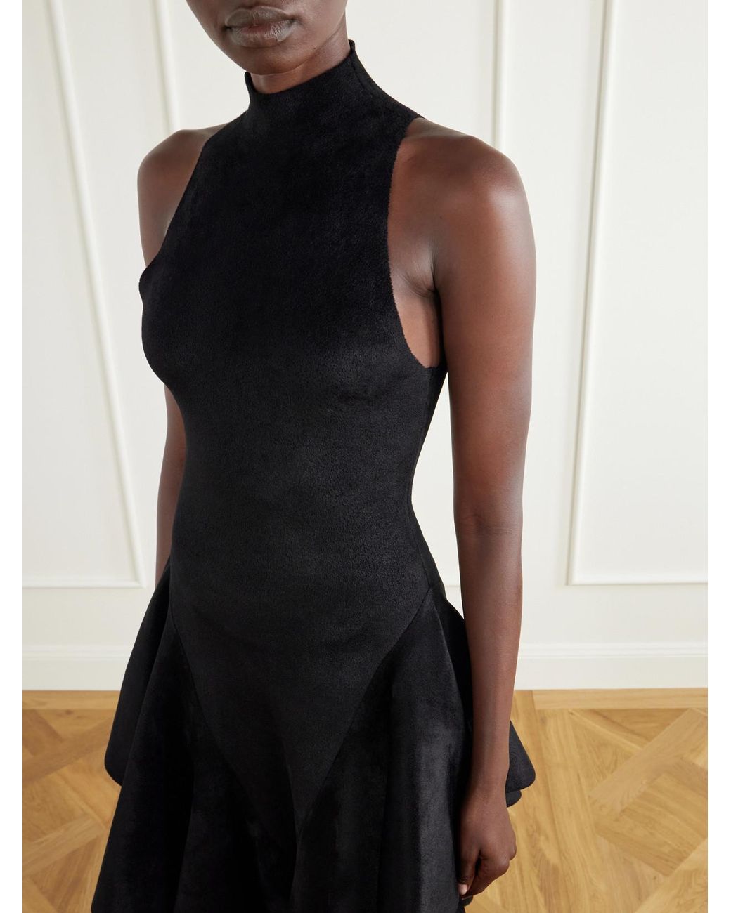 Alaïa Black Asymmetric Ruffled Velvet Turtleneck Midi Dress
