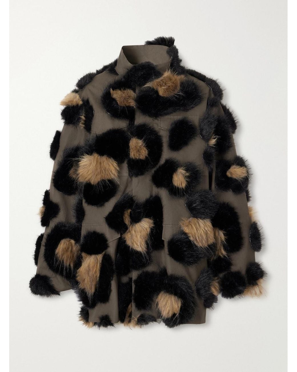 Sacai Black Leopard-Effect Plush-Trimmed Cotton-Twill Jacket