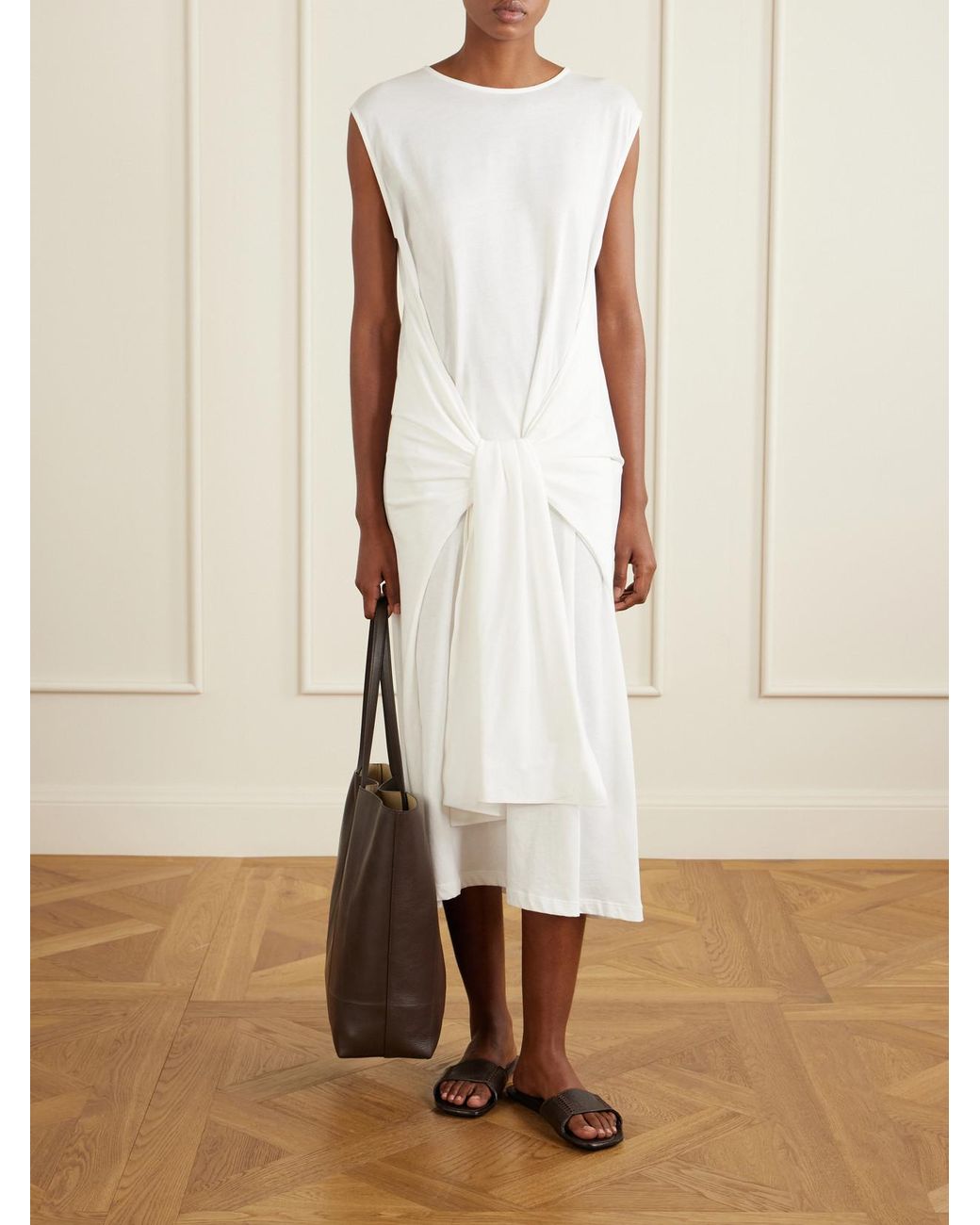 Totême  White Tie-Detailed Cotton Midi Dress