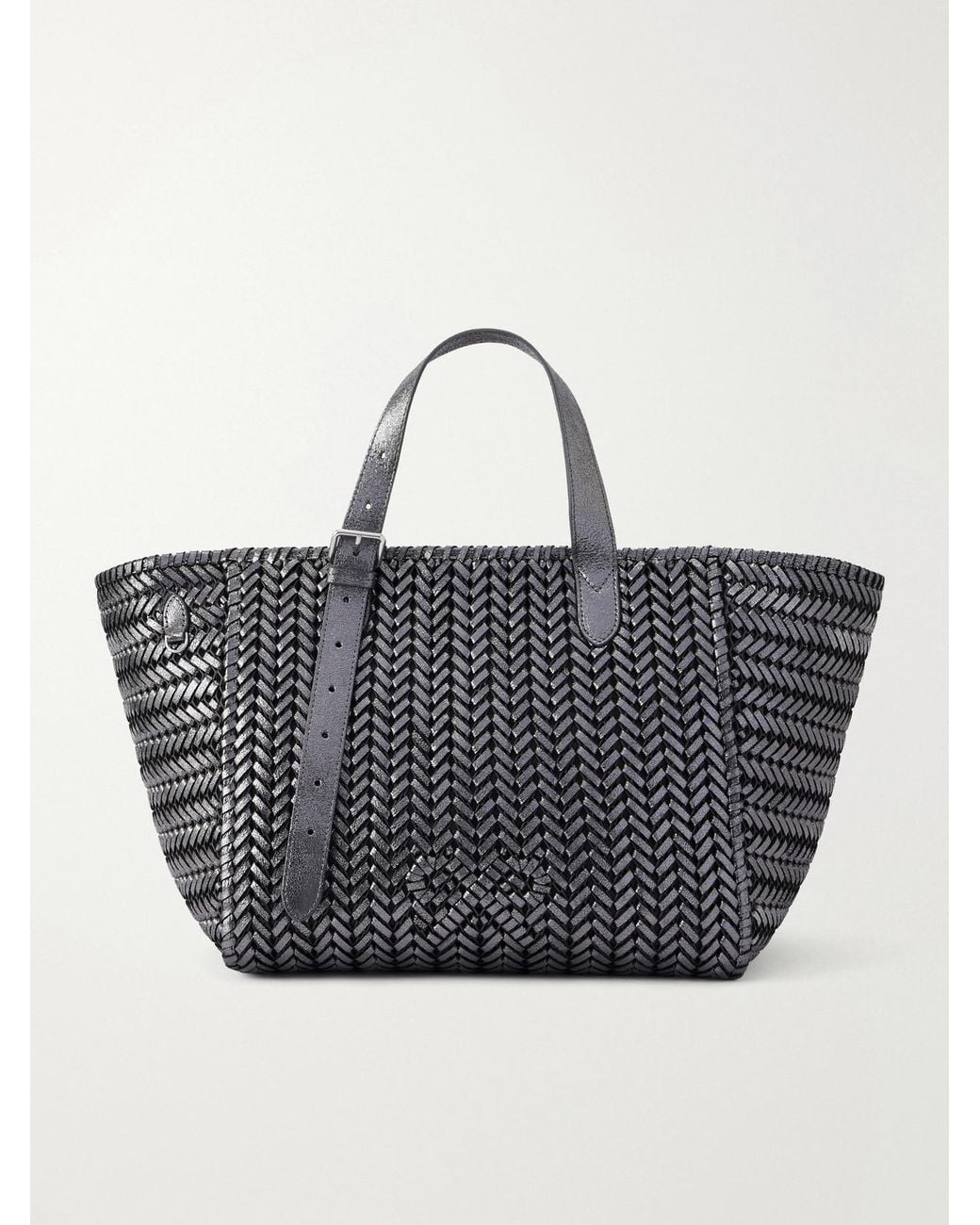 Anya Hindmarch Black The Neeson Square Woven Metallic-Leather Tote