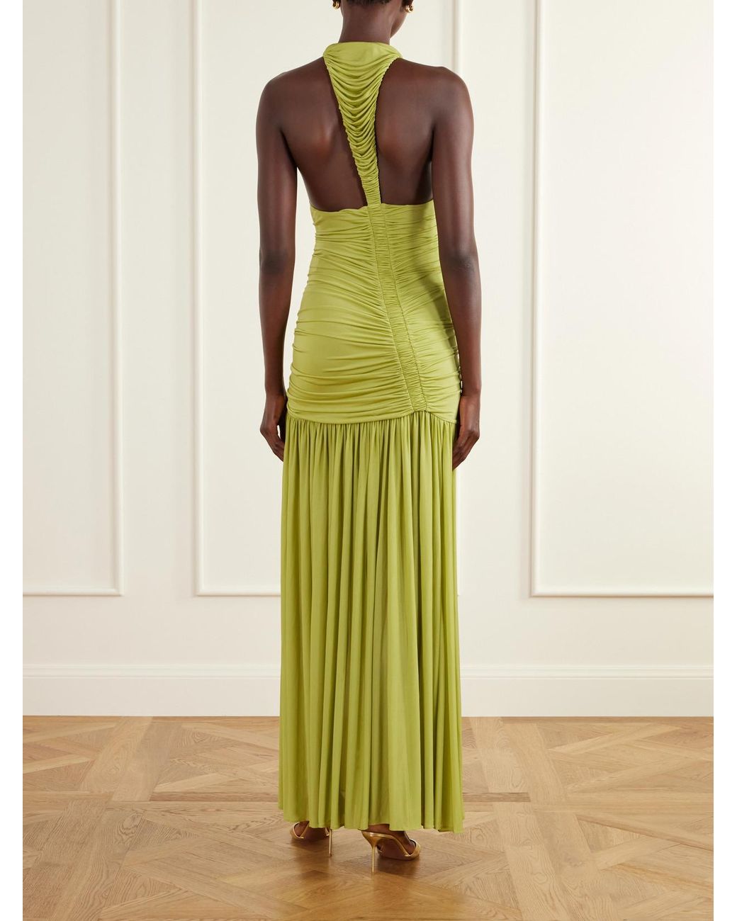 Christopher Esber Green Orion Open-Back Ruched Mesh Gown