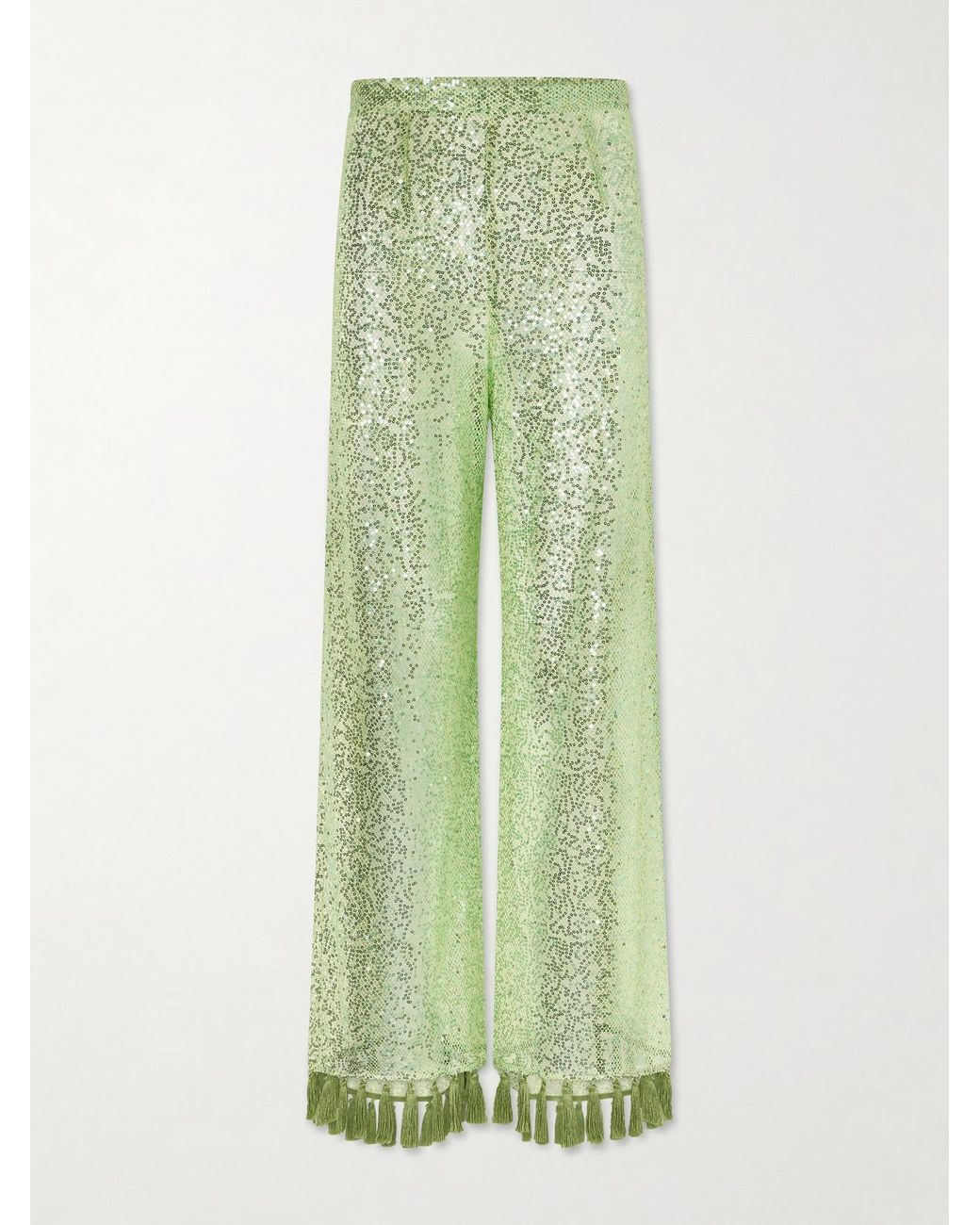 Taller Marmo Green Sequined Fringed Flared Pants
