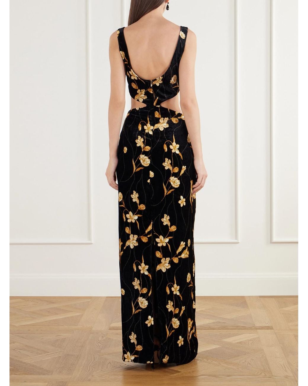 Agua Bendita Black Ventura Belted Bow-Detailed Floral-Print Velvet Maxi Dress