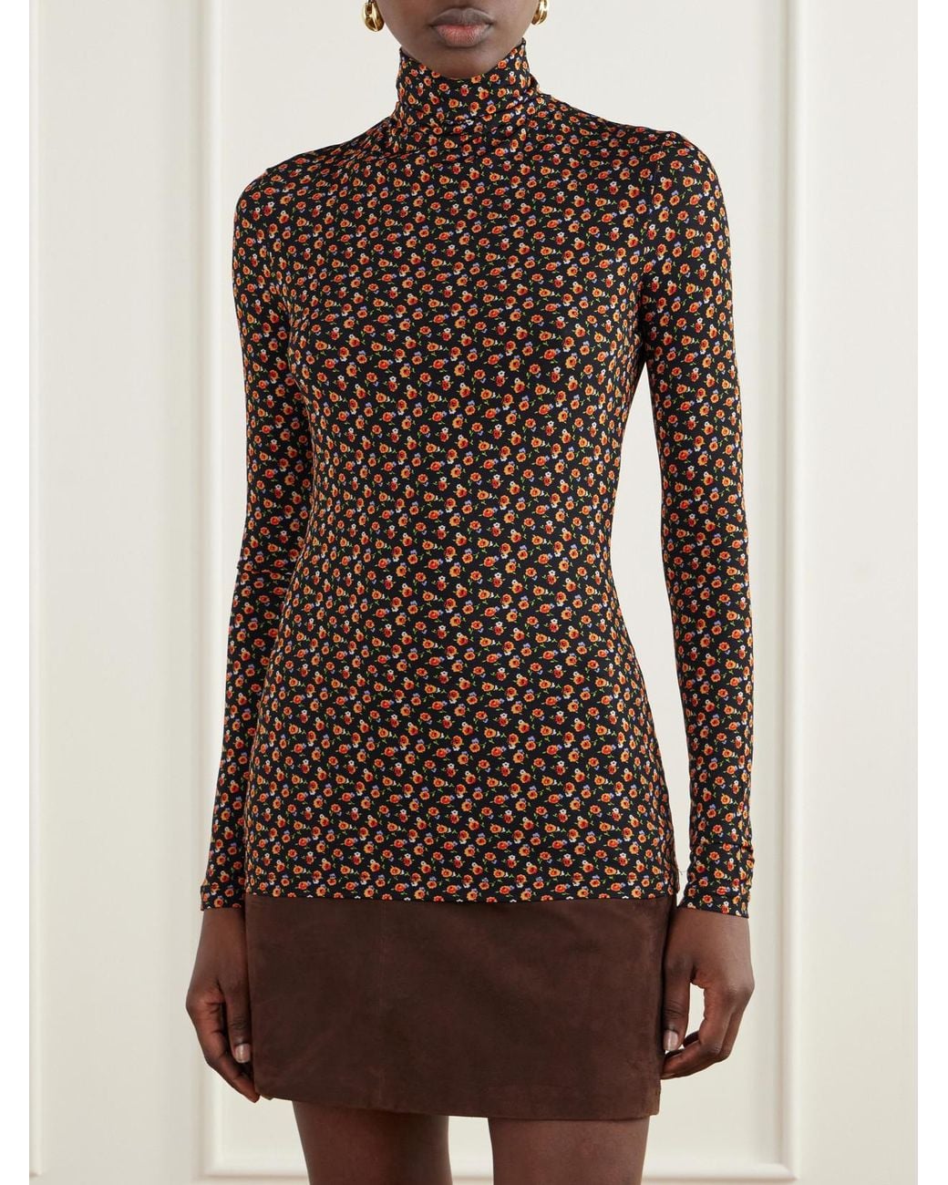 Rabanne Brown Floral-Print Stretch-Jersey Turtleneck Top