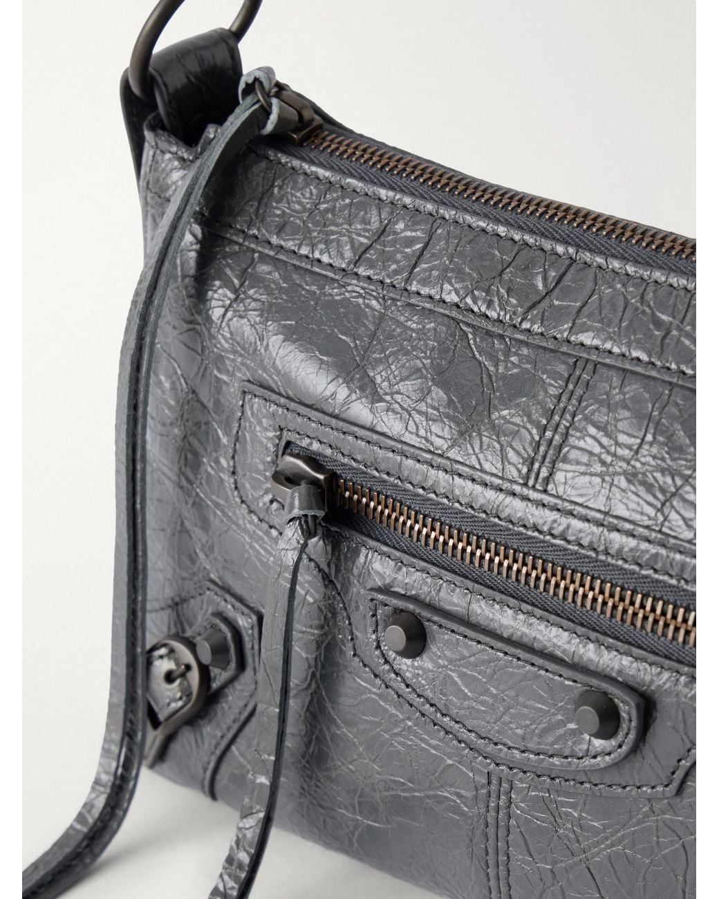 Balenciaga Gray Le City Moto Mini Crinkled-Leather Shoulder Bag