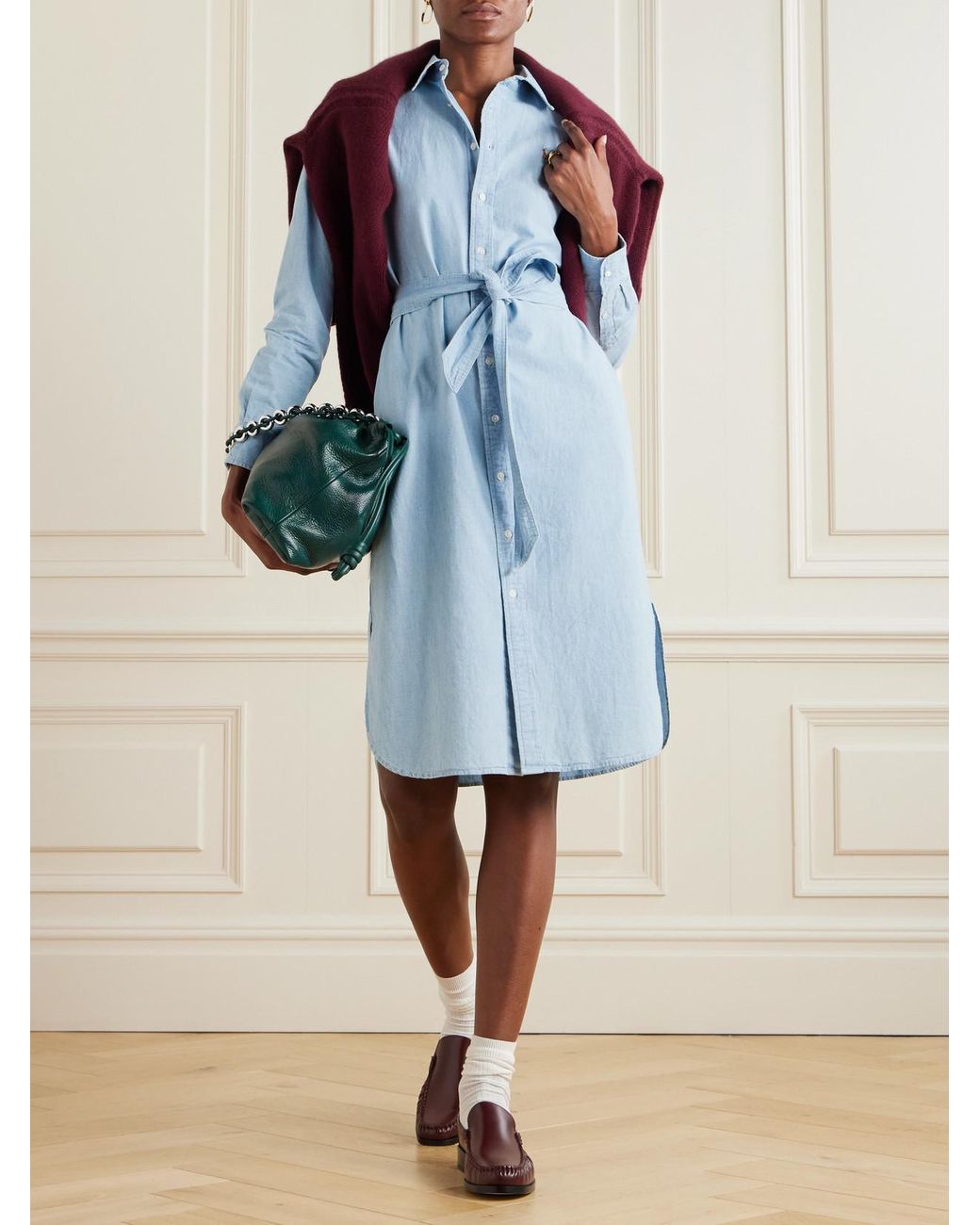 Polo Ralph Lauren Cory Embroidered Belted Cotton-Chambray Midi Shirt Dress  in Blue | Lyst