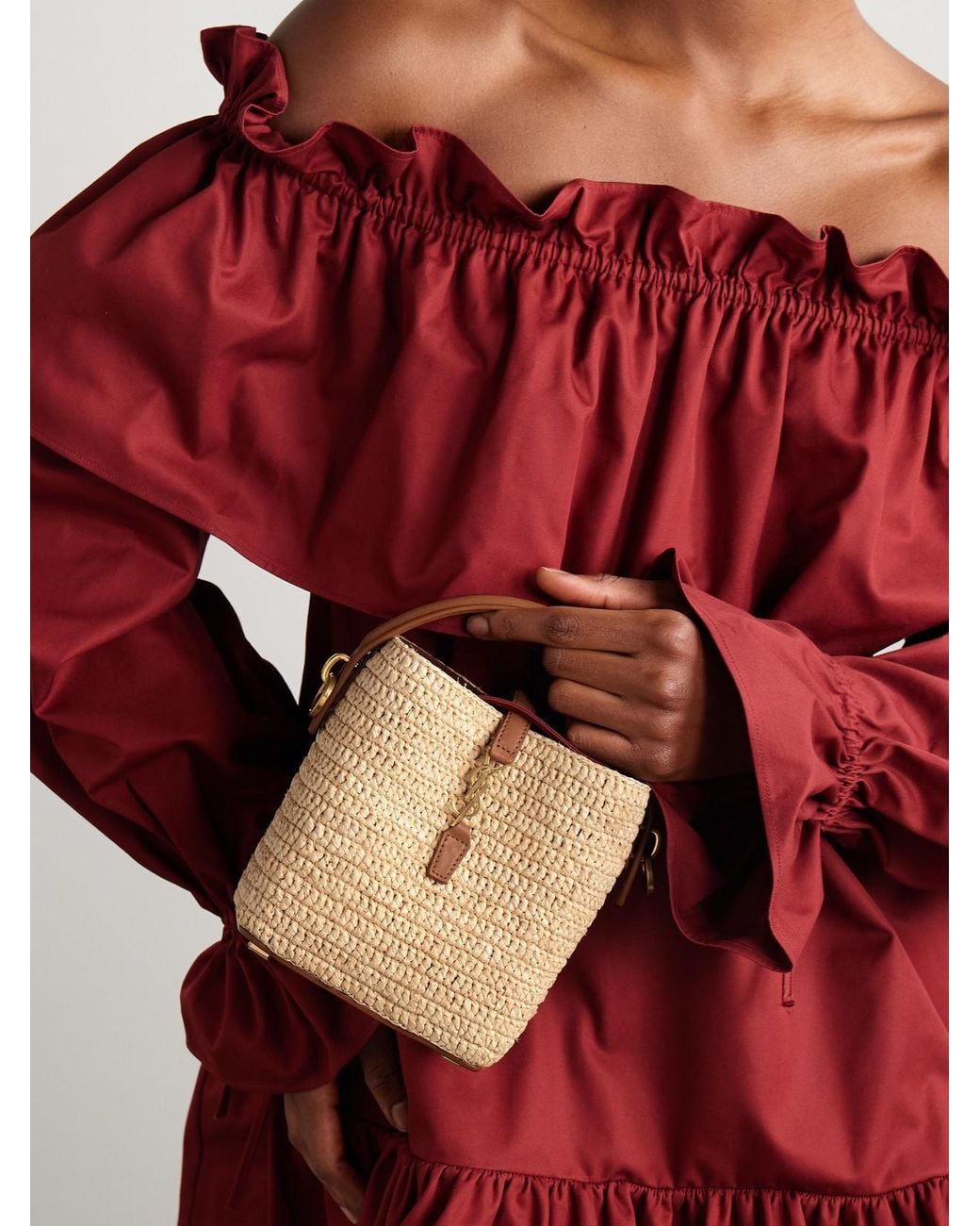Saint Laurent Natural Le 37 Mini Leather-Trimmed Raffia Bucket Bag