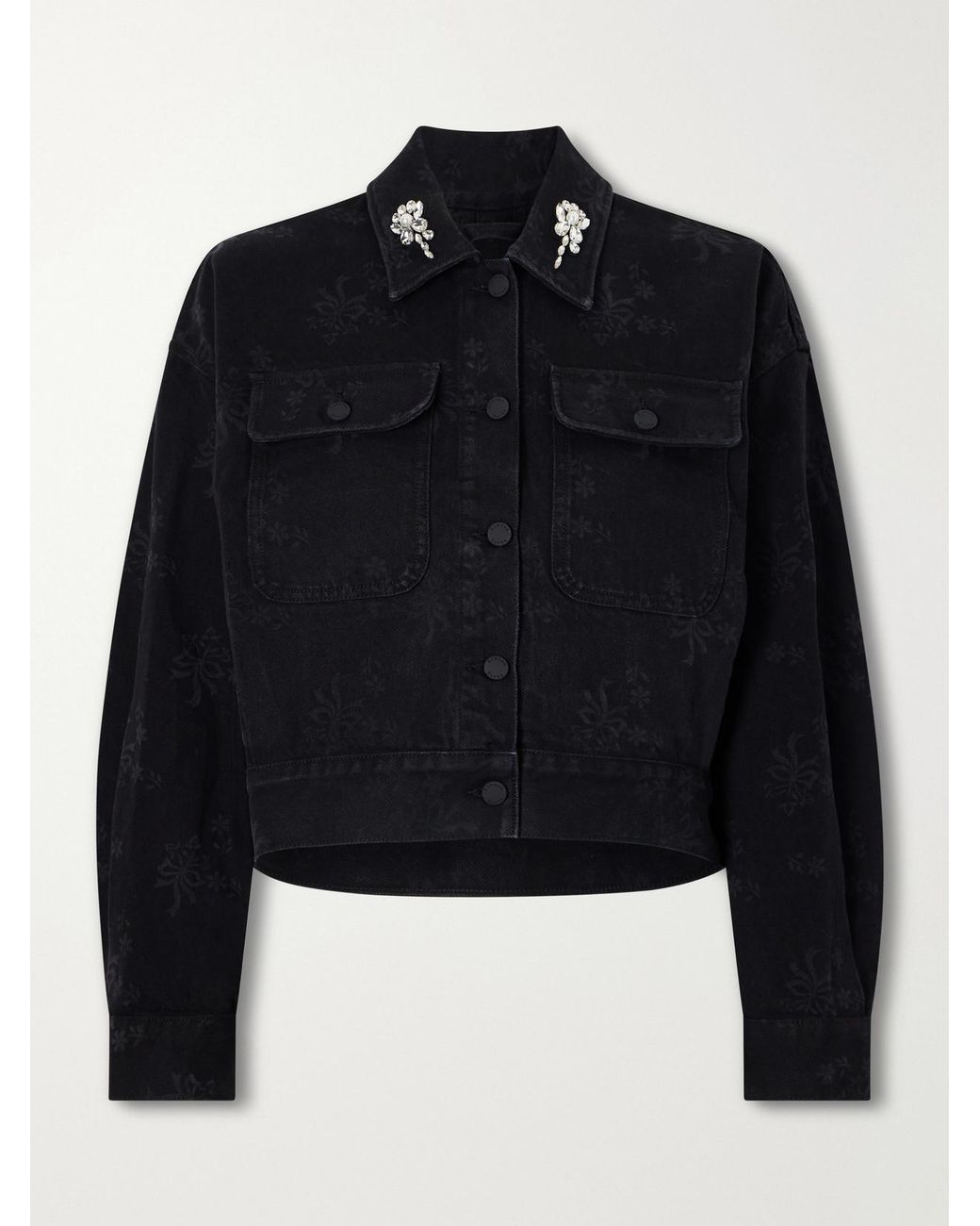 Simone Rocha Black Crystal-Embellished Floral-Print Denim Jacket