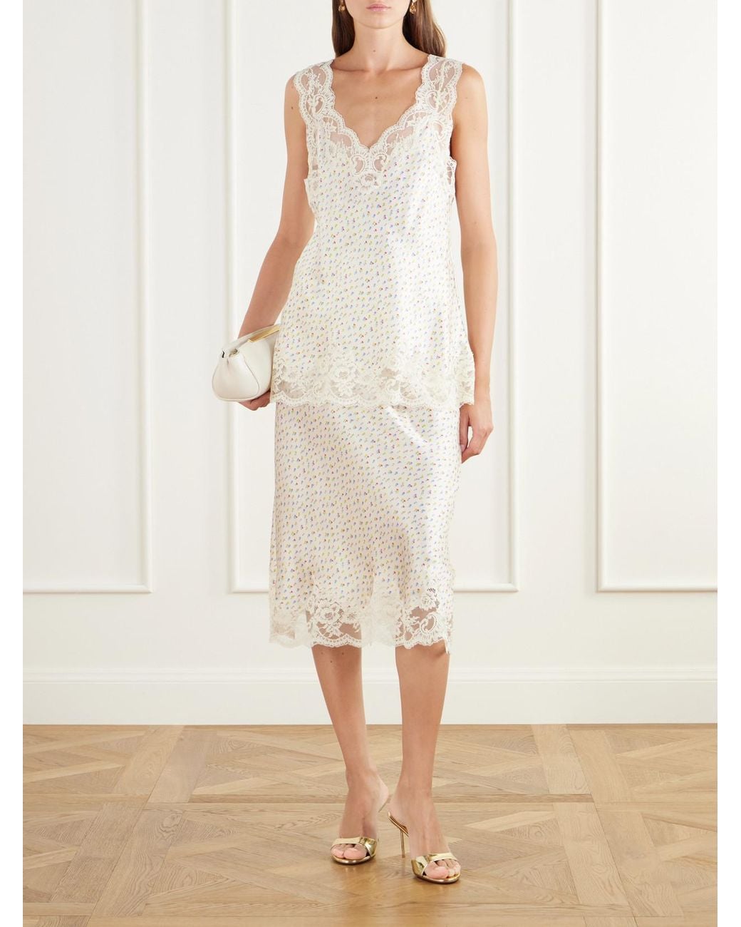 Rabanne White Floral-Print Lace-Trimmed Silk-Satin Midi Skirt
