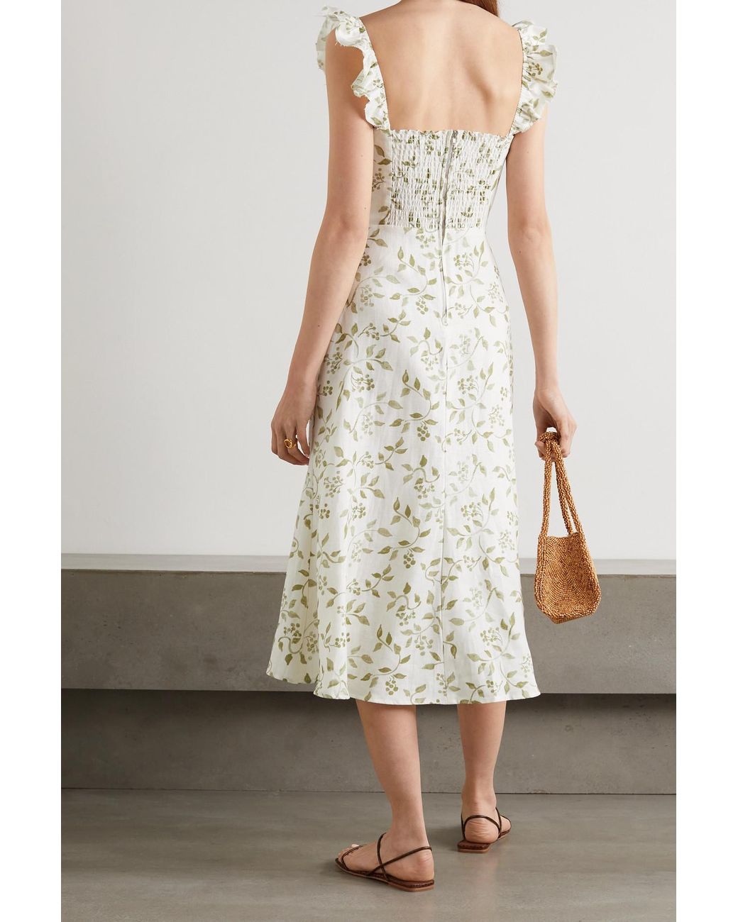 Reformation Spaulding Ruffled Floral-print Linen Midi Dress in White | Lyst