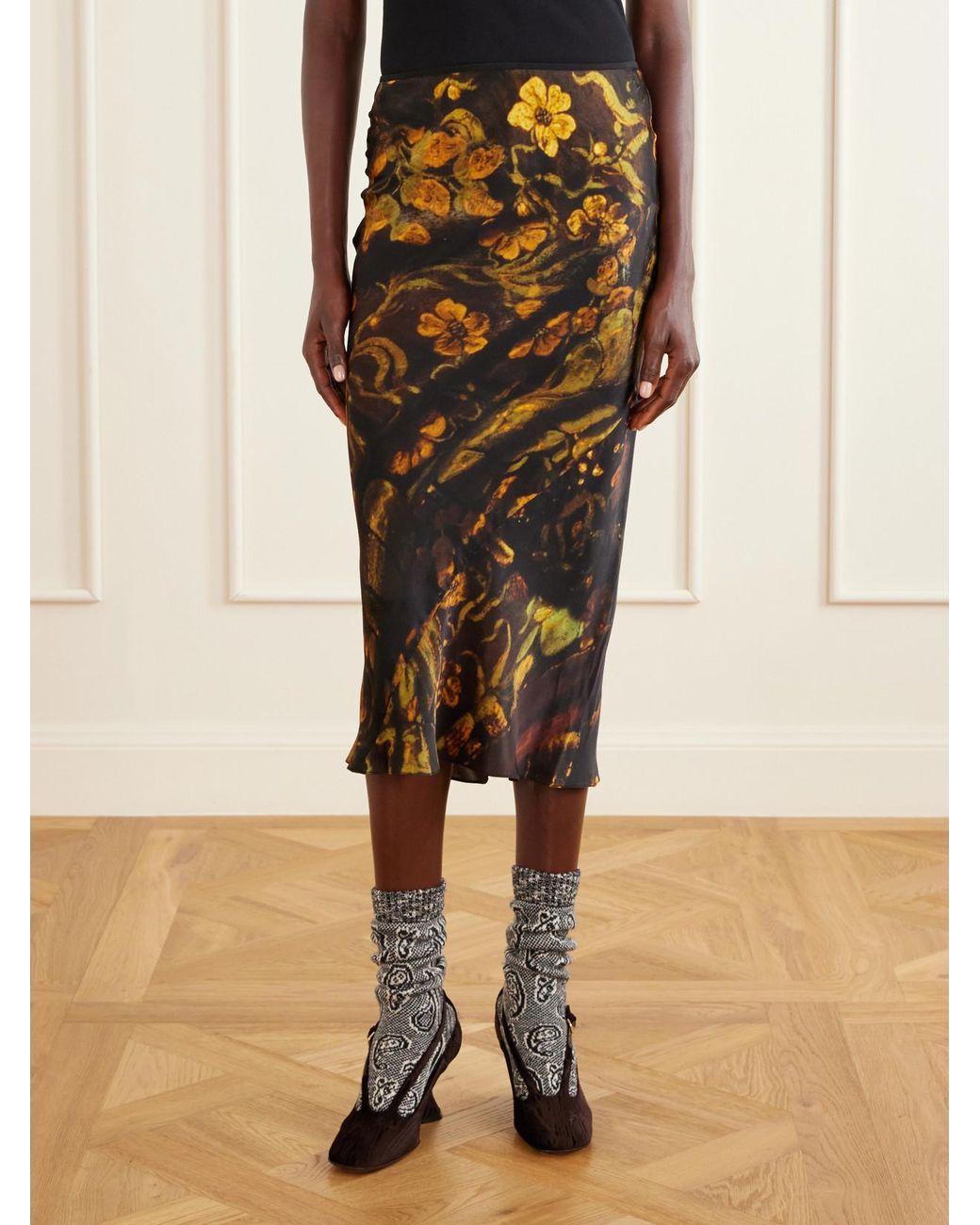 Dries Van Noten Brown Floral-Printed Silk-Satin Midi Skirt